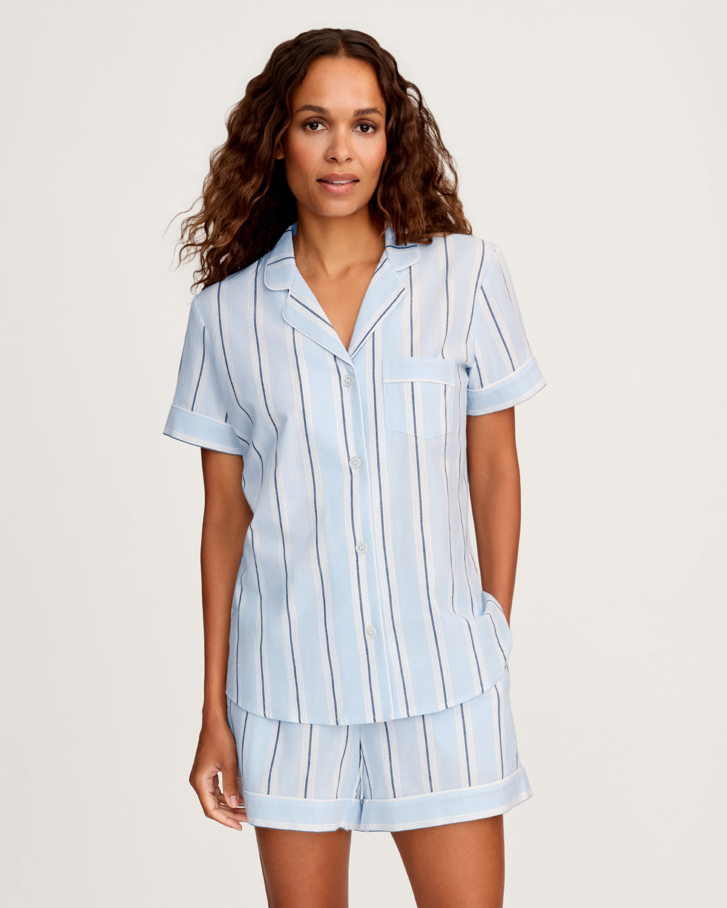 Women's Twill Short Sleeve Short Set in Coastal Stripe