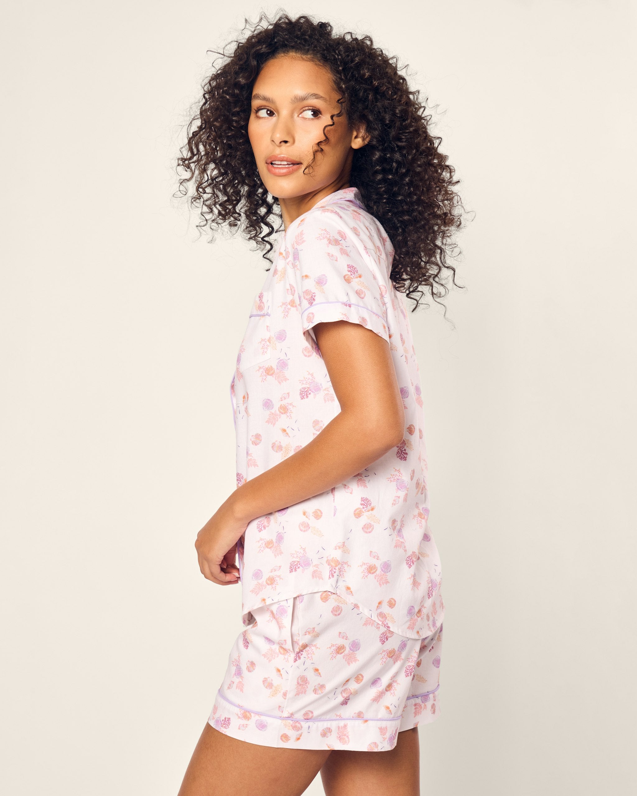 Women's Twill Short Sleeve Short Set in Coastal Charms in Seashell Splendor#Color_Seashell Splendor