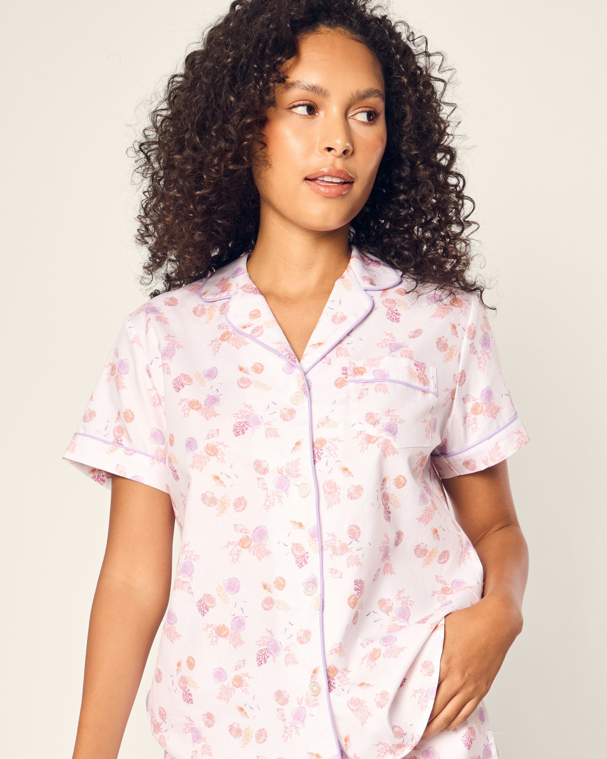 Women's Twill Short Sleeve Short Set in Coastal Charms in Seashell Splendor#Color_Seashell Splendor