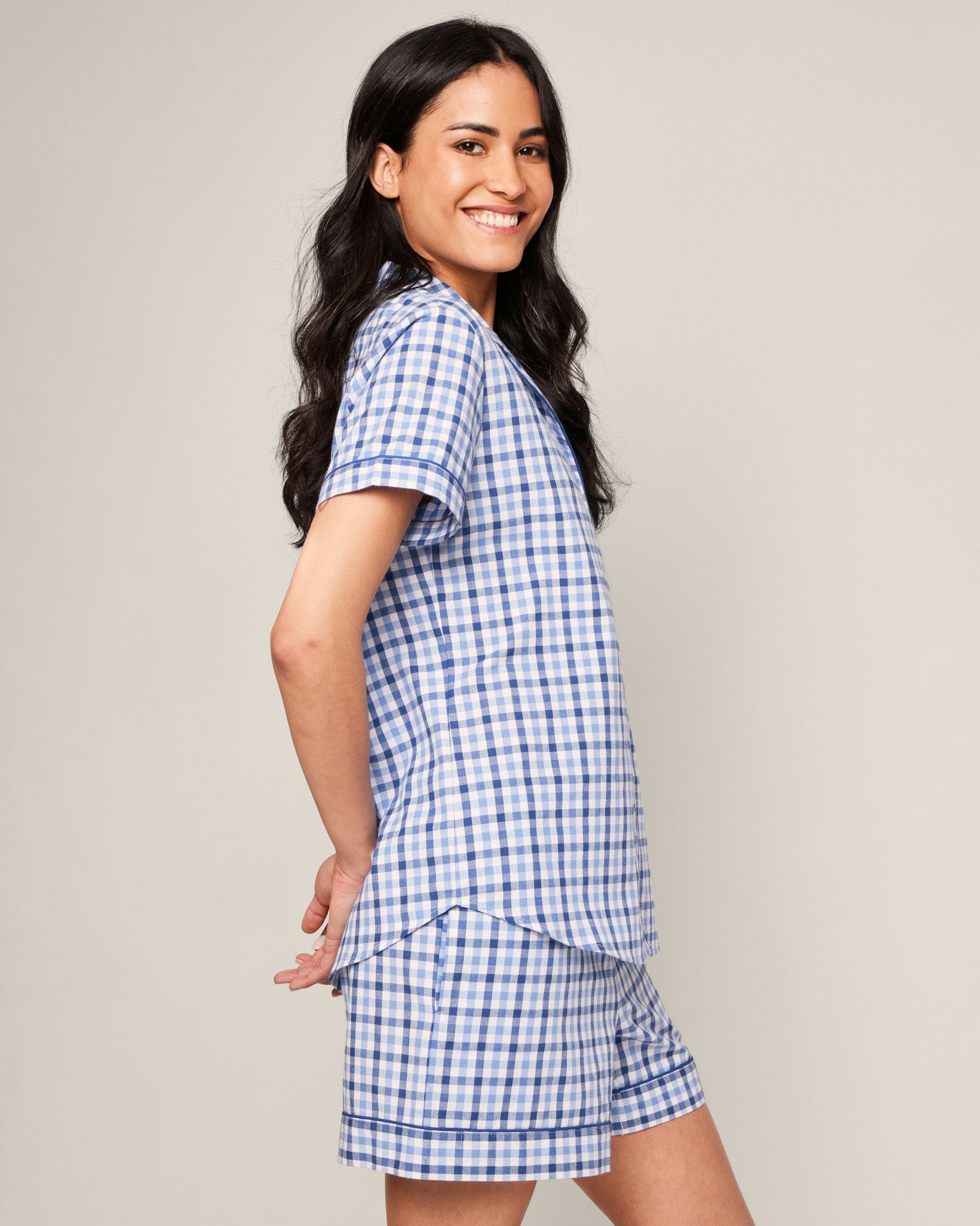Women's Twill Short Sleeve Short Set in Spring Gingham in Royal Blue Gingham#Color_Royal Blue Gingham