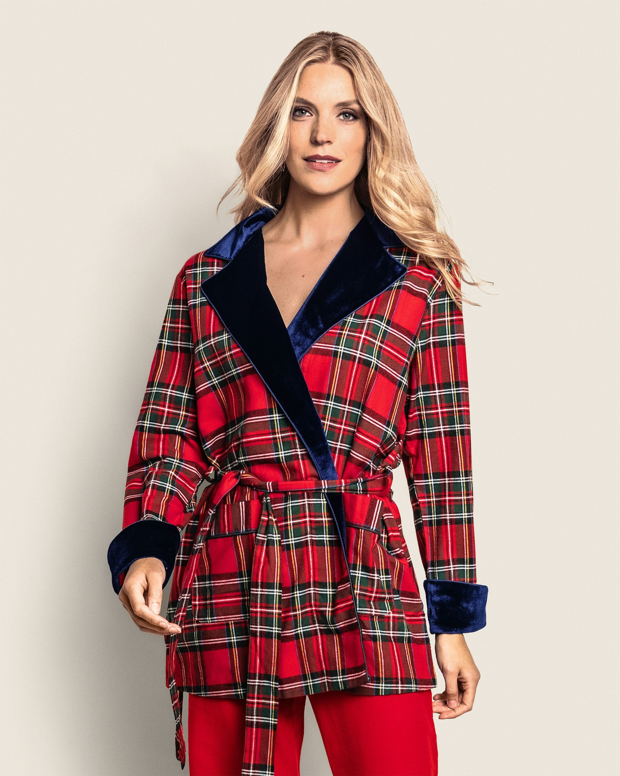 Imperial Tartan Flannel Short Robe With Velvet in Imperial Tartan#Color_Imperial Tartan