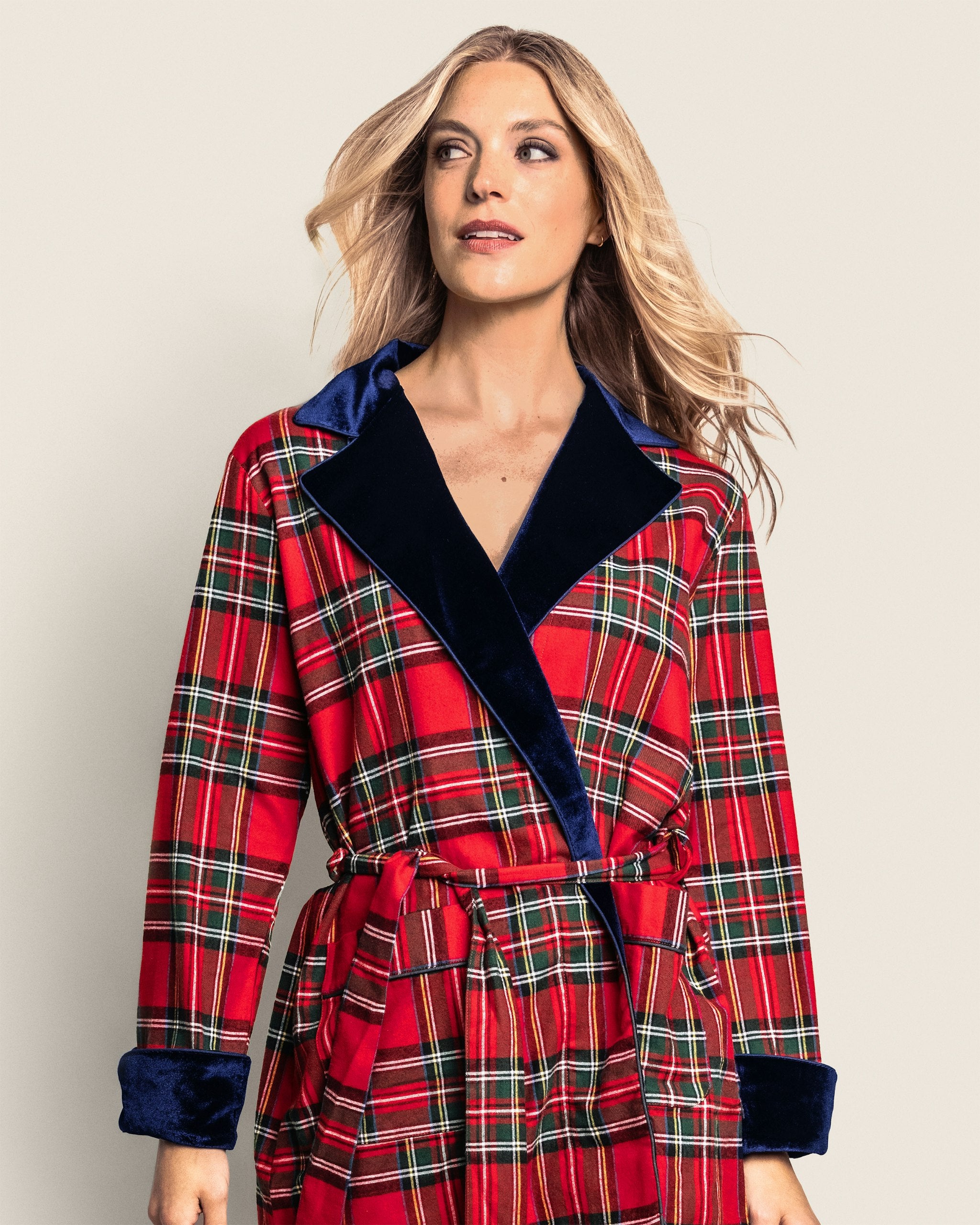 Imperial Tartan Flannel Short Robe With Velvet in Imperial Tartan#Color_Imperial Tartan