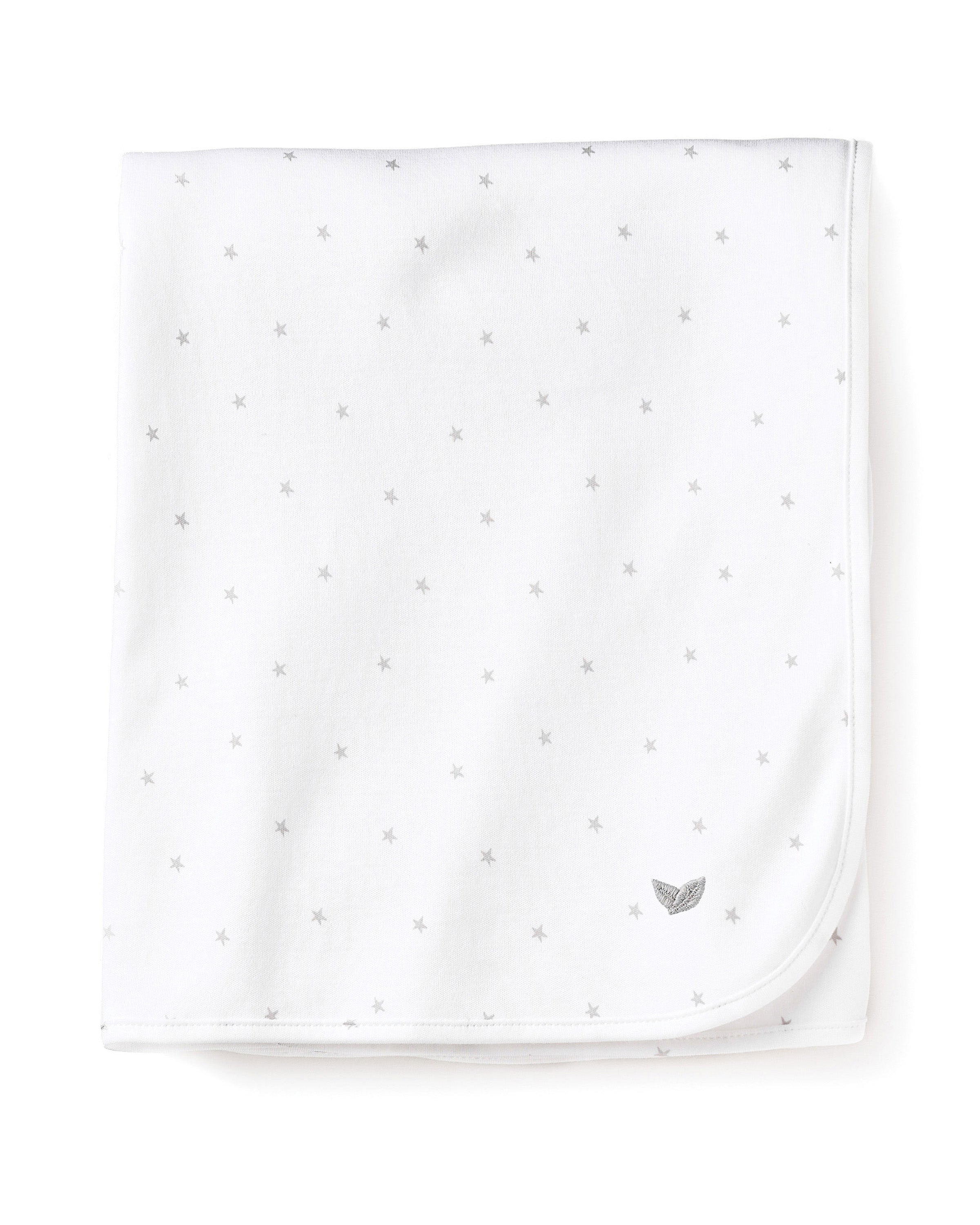 The Pima Baby Blanket in Grey Stars by Petite Plume is a white baby blanket crafted from cozy Peruvian Pima cotton, featuring a subtle small gray stars pattern. Its neatly folded into a square, with an embroidered logo at the bottom right corner.