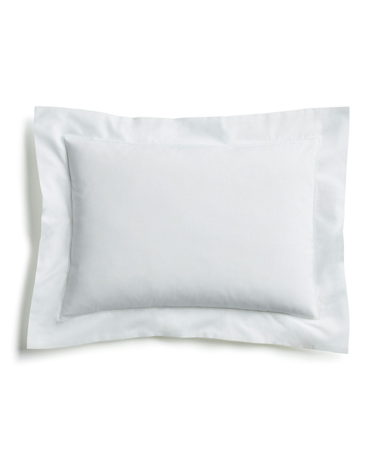 The Petite Plume Decorative Pillow in White features a pristine percale fabric surface and clean edges on a plain white background, offering an elegant rectangular design with slightly raised borders.