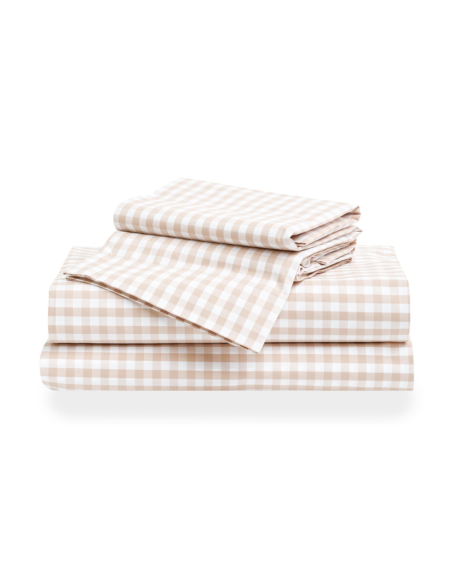 A neatly folded set of Luxe Premium Percale Bed Sheets in Camel Gingham, featuring a beige and white check pattern, displayed against a white background.