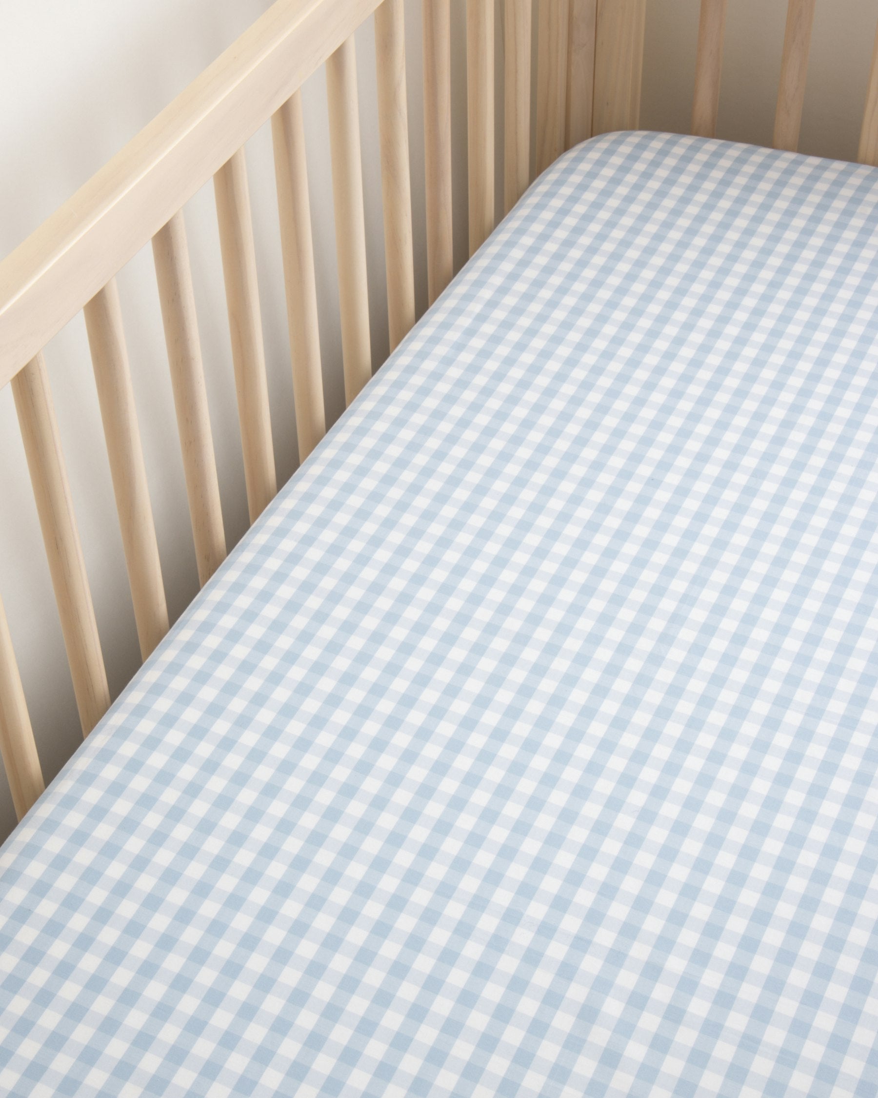 Luxe Premium Percale Crib Sheet in Light Blue Gingham
