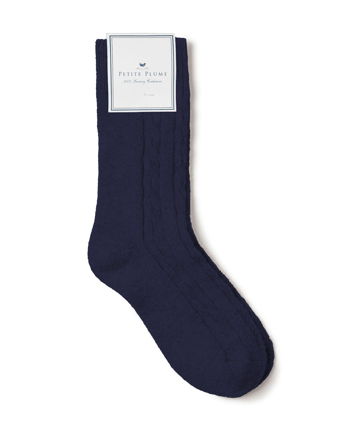 A single Womens Cashmere Sock in navy, made from Grade A material for luxury comfort, is shown on a white background. The label at the top reads Petite Plume.