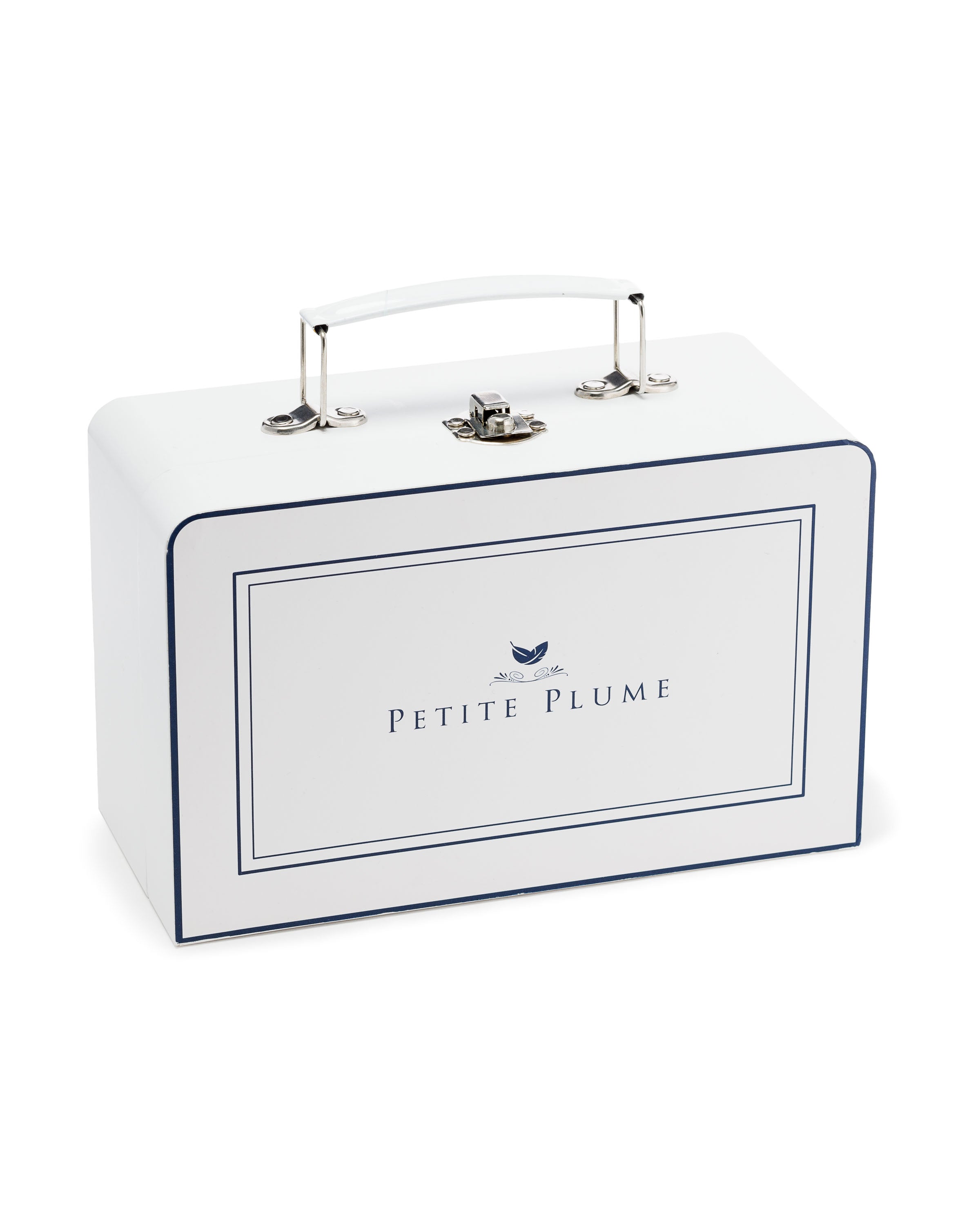 A white rectangular box with a handle and navy blue trim features Petite Plume and a feather logo, ideal for gifting the luxurious Cashmere Baby Blanket in Ivory.