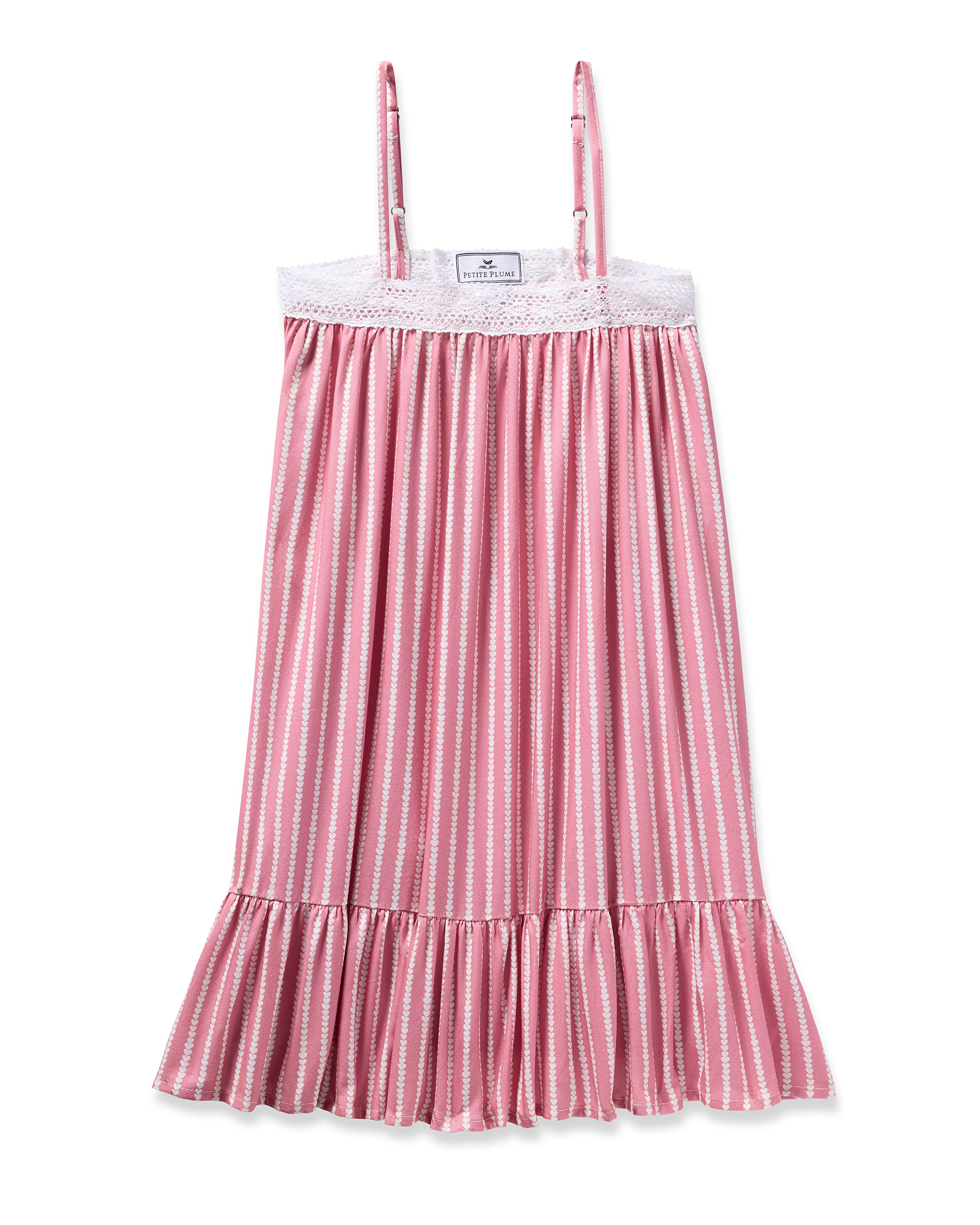 The Girls Twill Lilly Nightgown in Love Lines by Petite Plume is a pink and white striped sleeveless dress, made from yarn-dyed cotton. It features thin straps, lace detailing at the top, a ruffled hem, a luxurious sleepwear feel, and a front label near the neckline.