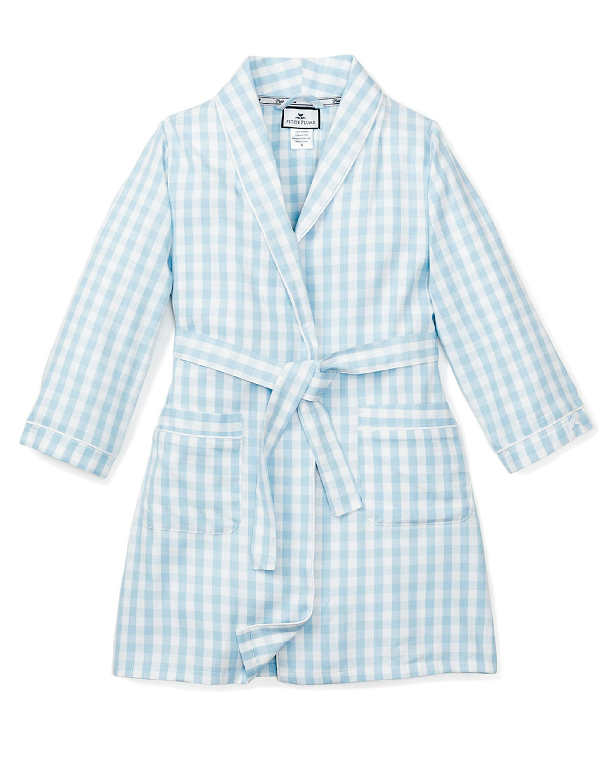 Kid's Twill Robe in Navy Gingham in Light Blue Gingham#Color_Light Blue Gingham