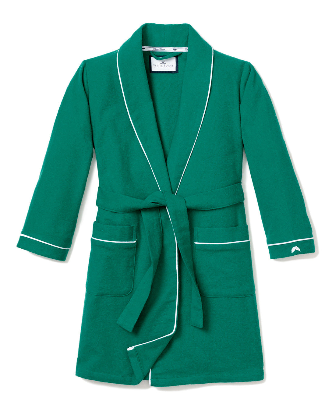 Kids Flannel Robe by Petite Plume: Forest green with white piping, shawl collar, long sleeves, two front pockets, matching waist belt. Made from flame-retardant fabric for safety.