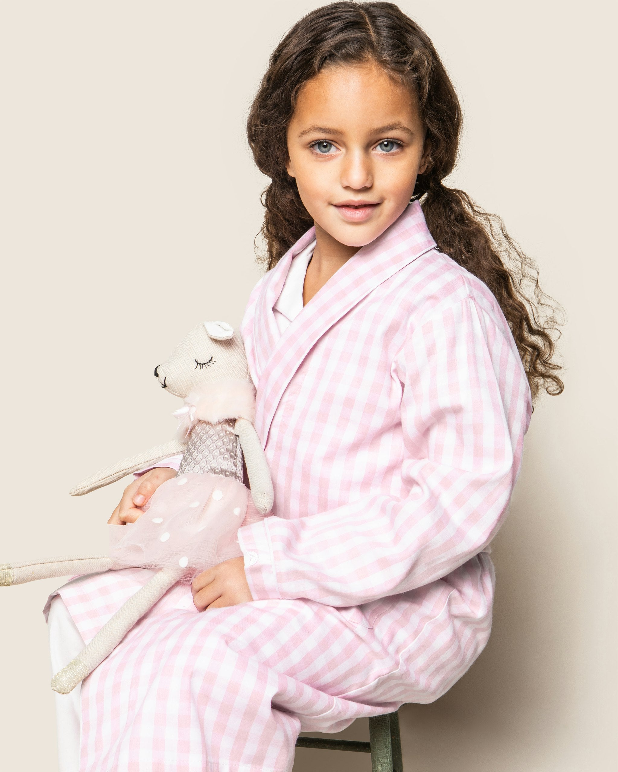 Kid's Twill Robe in Navy Gingham in Pink Gingham#Color_Pink Gingham