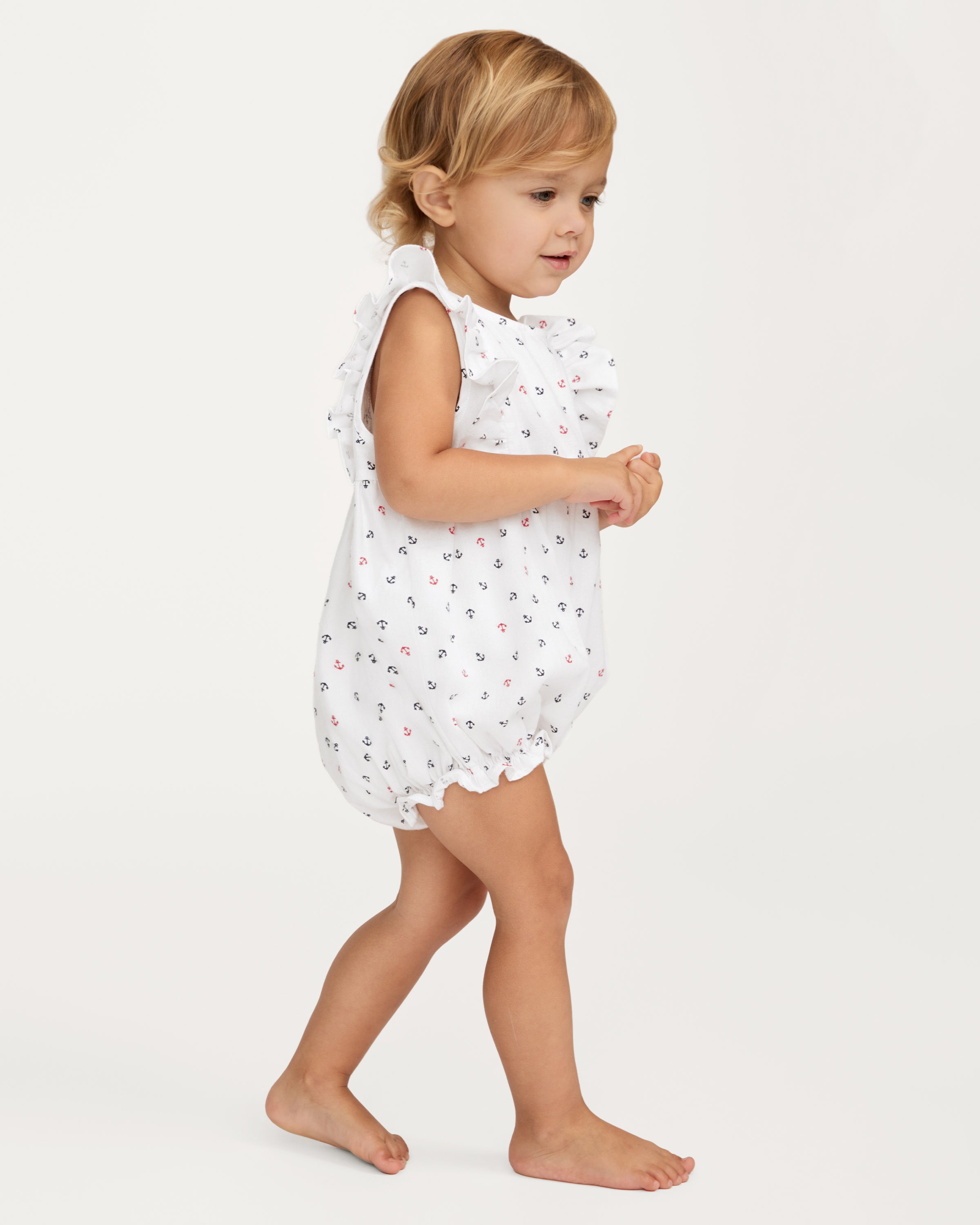 Baby's Twill Ruffled Romper in Anchors Away White