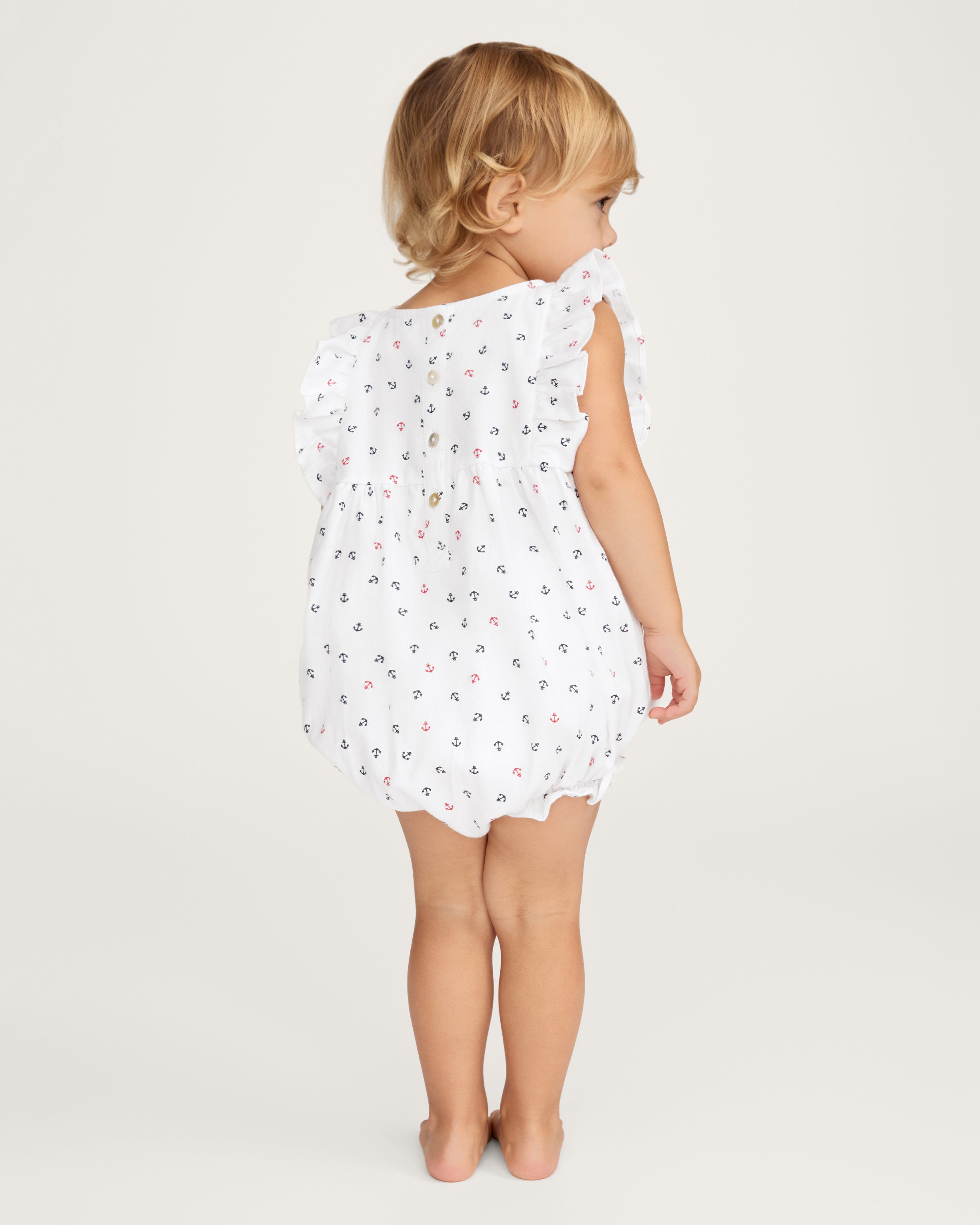 Baby's Twill Ruffled Romper in Anchors Away White