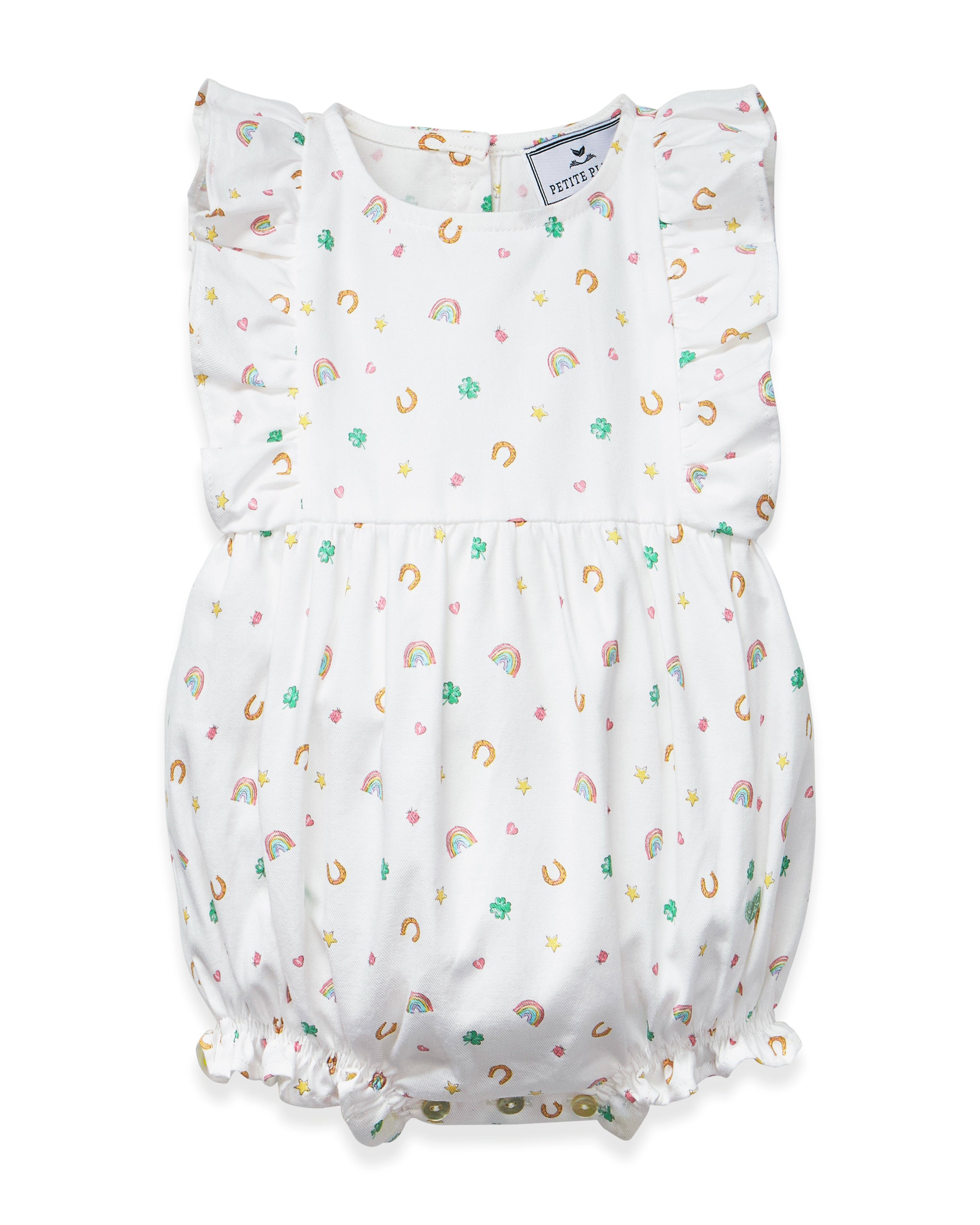 Baby's Twill Ruffled Romper in Good Luck Charms features small colorful prints of rainbows, horseshoes, clovers, and stars, ruffled sleeves, elastic leg openings, and a tag at the neckline.