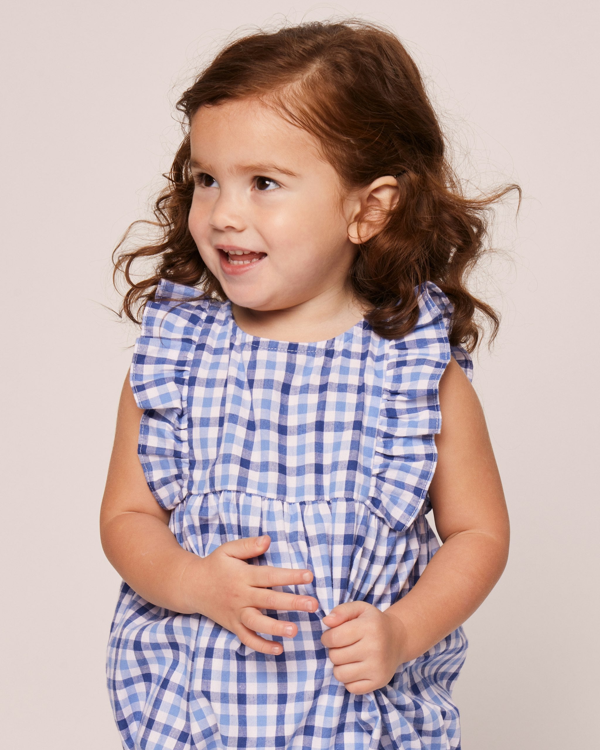 Baby's Twill Ruffled Romper in Light Blue Gingham in Royal Blue Gingham#Color_Royal Blue Gingham