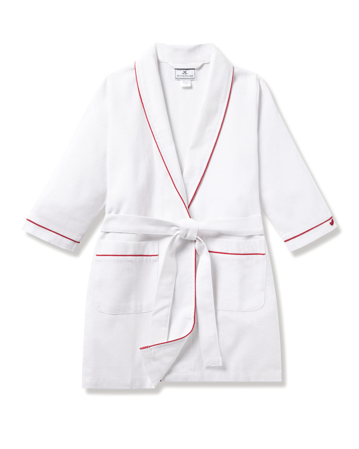 Kid's Flannel Robe in White with Red Piping