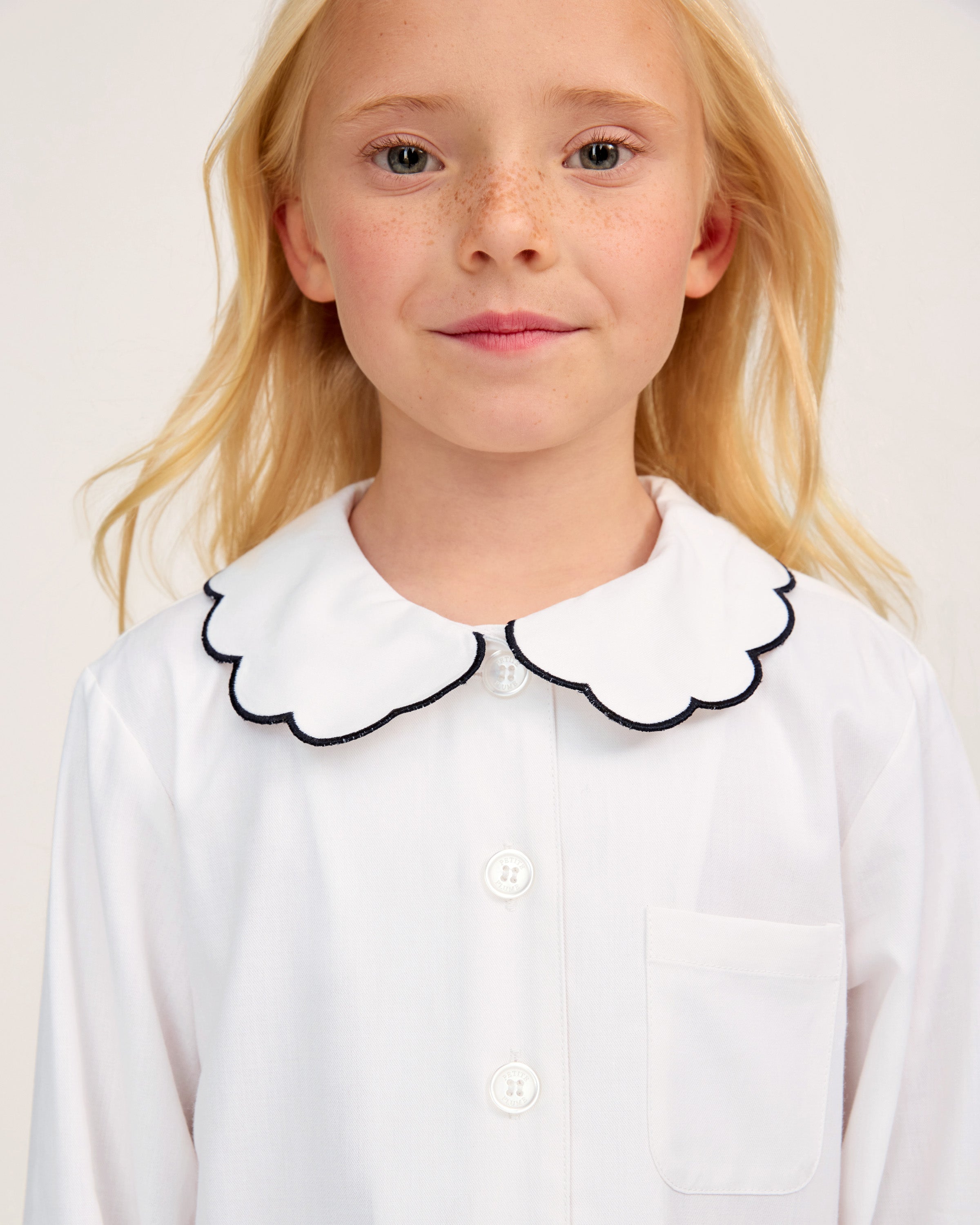 Kid's Twill Colette Pajama Set in White with Navy Piping