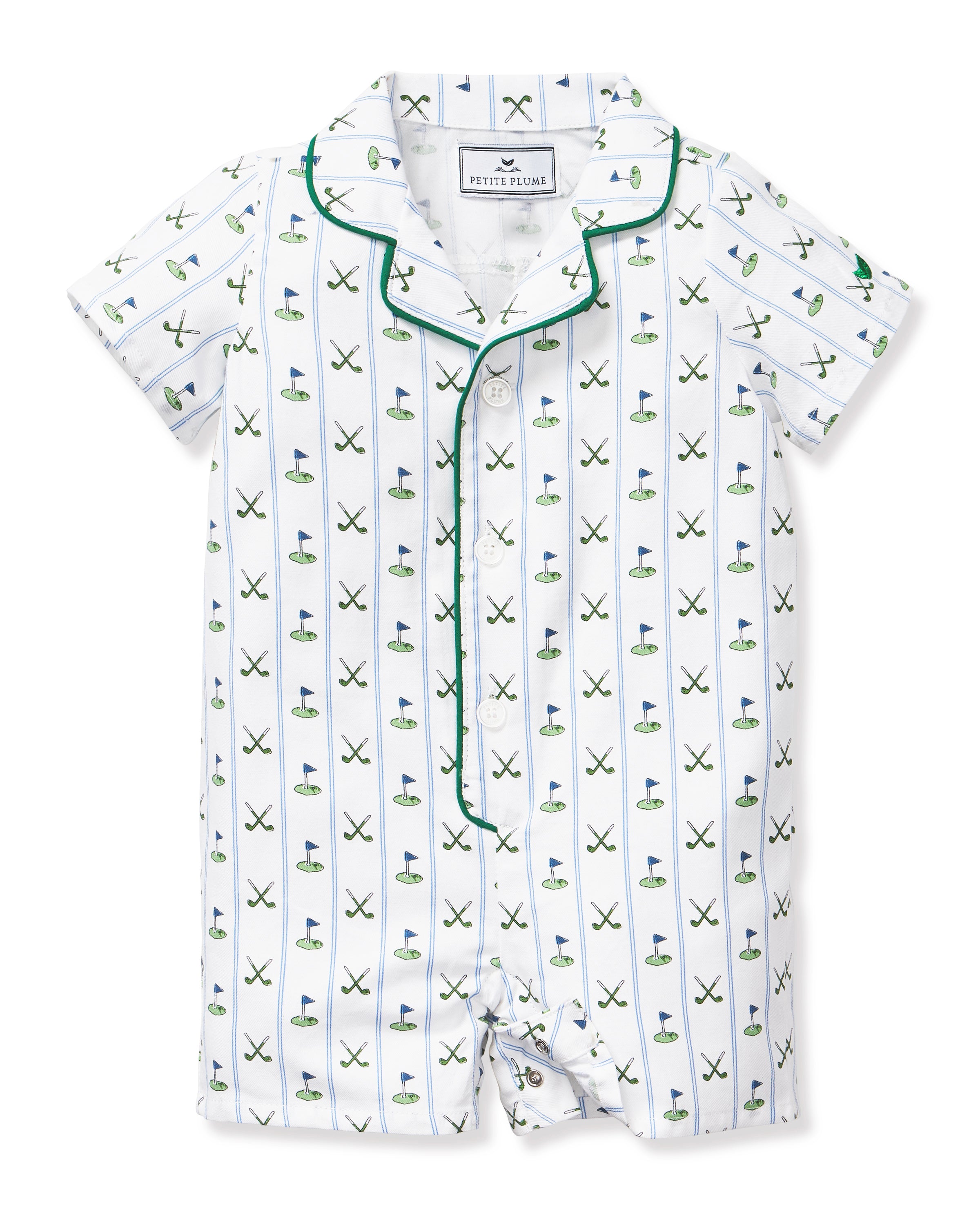 The Baby's Twill Summer Romper in Fairway Stripe is a short-sleeved, button-down romper with green piping, decorated with golf clubs and holes on white fabric with blue vertical stripes.