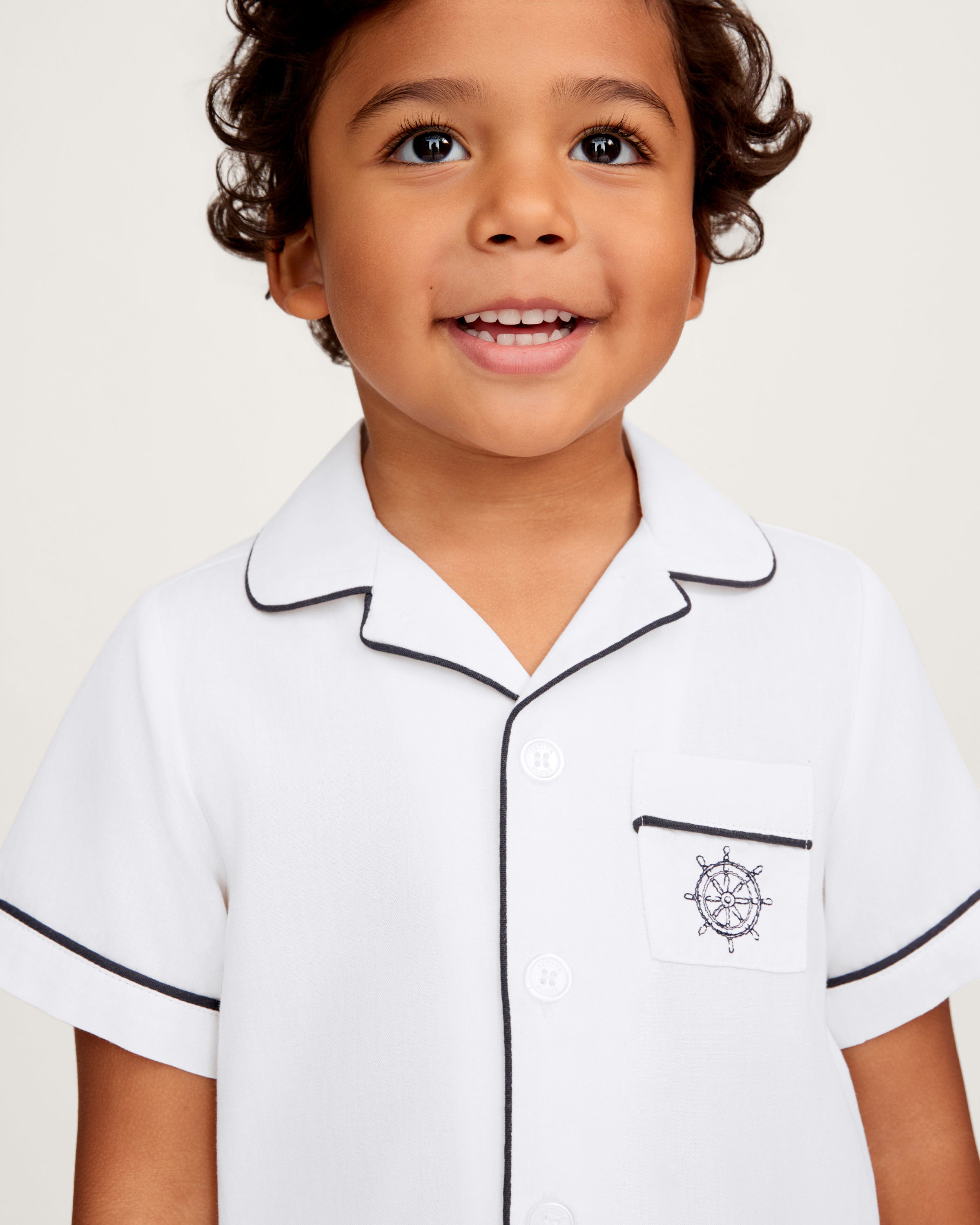 Kid's Twill Pajama Short Set in White with Yacht Club Embroidery