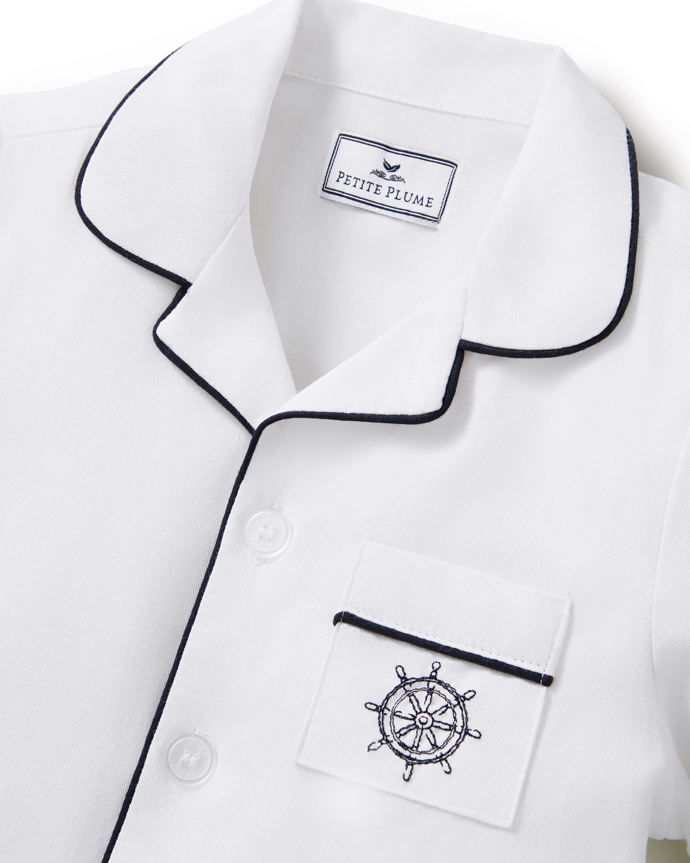 Kid's Twill Pajama Short Set in White with Yacht Club Embroidery