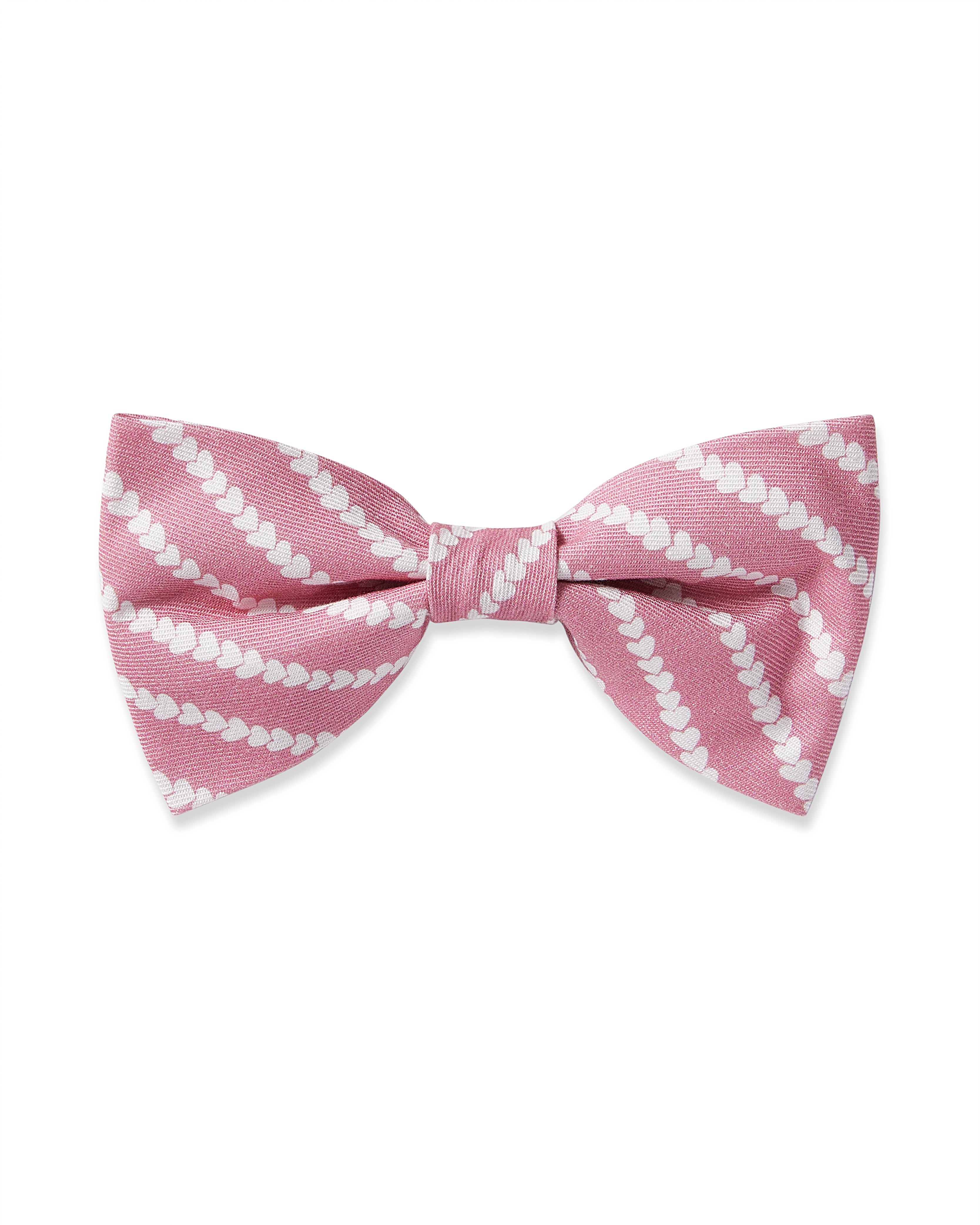 The Dog Twill Bow Tie in Love Lines by Petite Plume is a charming pink accessory with diagonal rows of small white hearts creating a striped pattern. The fabric feels smooth, and the bow is neatly tied, making it perfect for your pet.