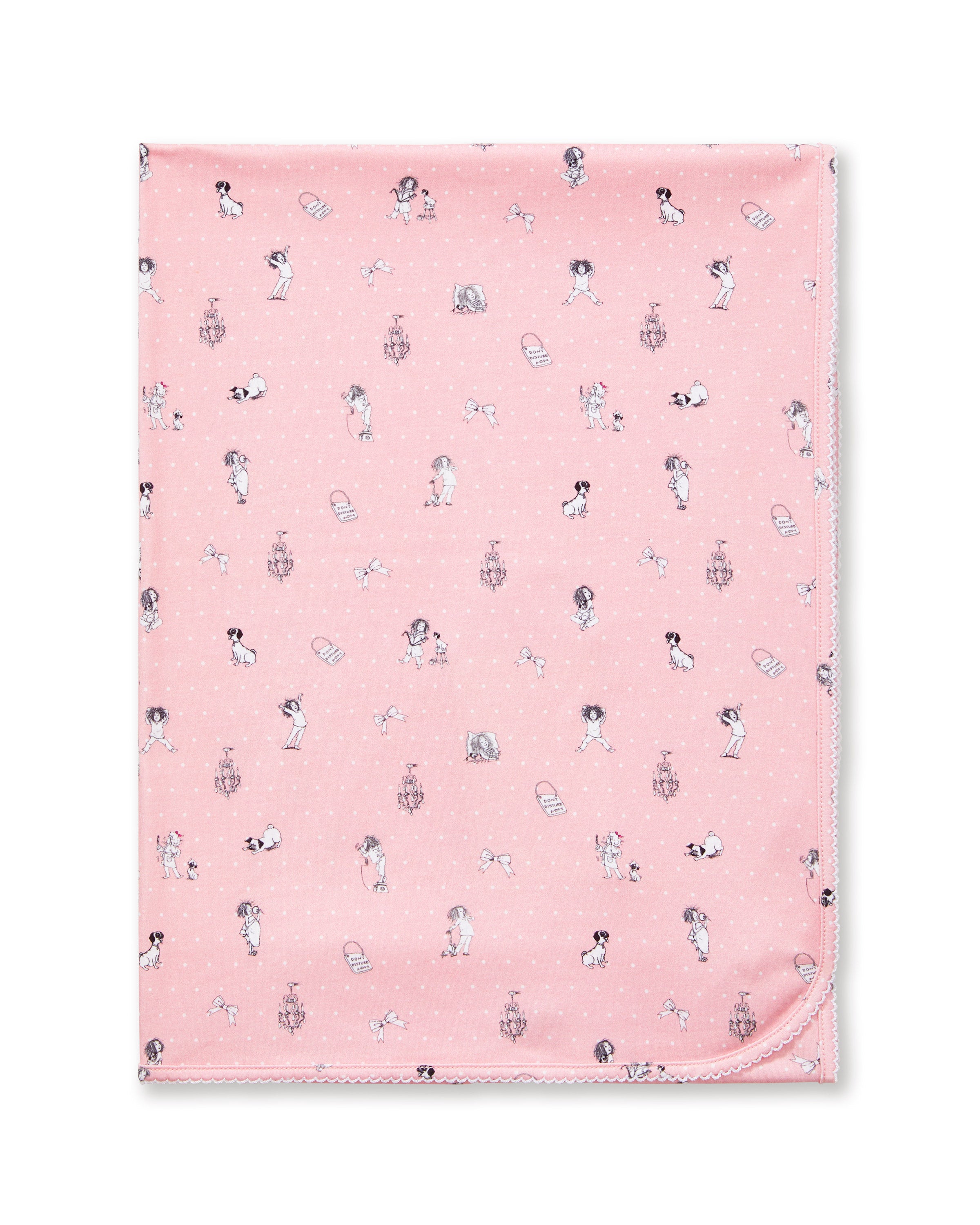 The Petite Plume x Eloise Baby Pima Blanket in Eloise Adventures features a pink fabric with playful girl, dog, and chair illustrations and a neatly stitched edge, displayed flat.