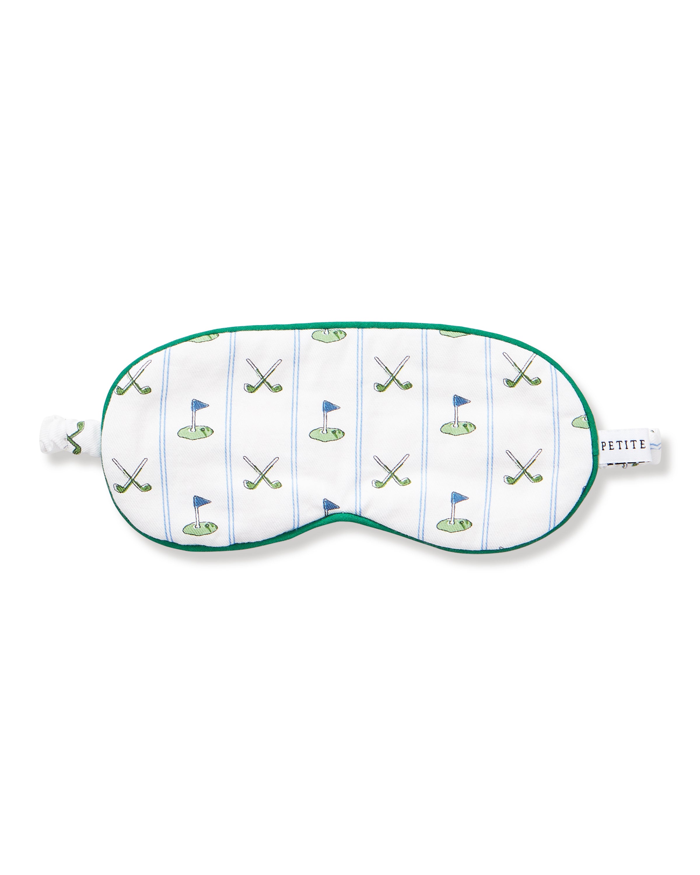 The Kid's Twill Sleep Mask in Fairway Stripe features a white design with green trim, decorated with golf clubs and flags. It includes an adjustable strap and a PETITE tag.