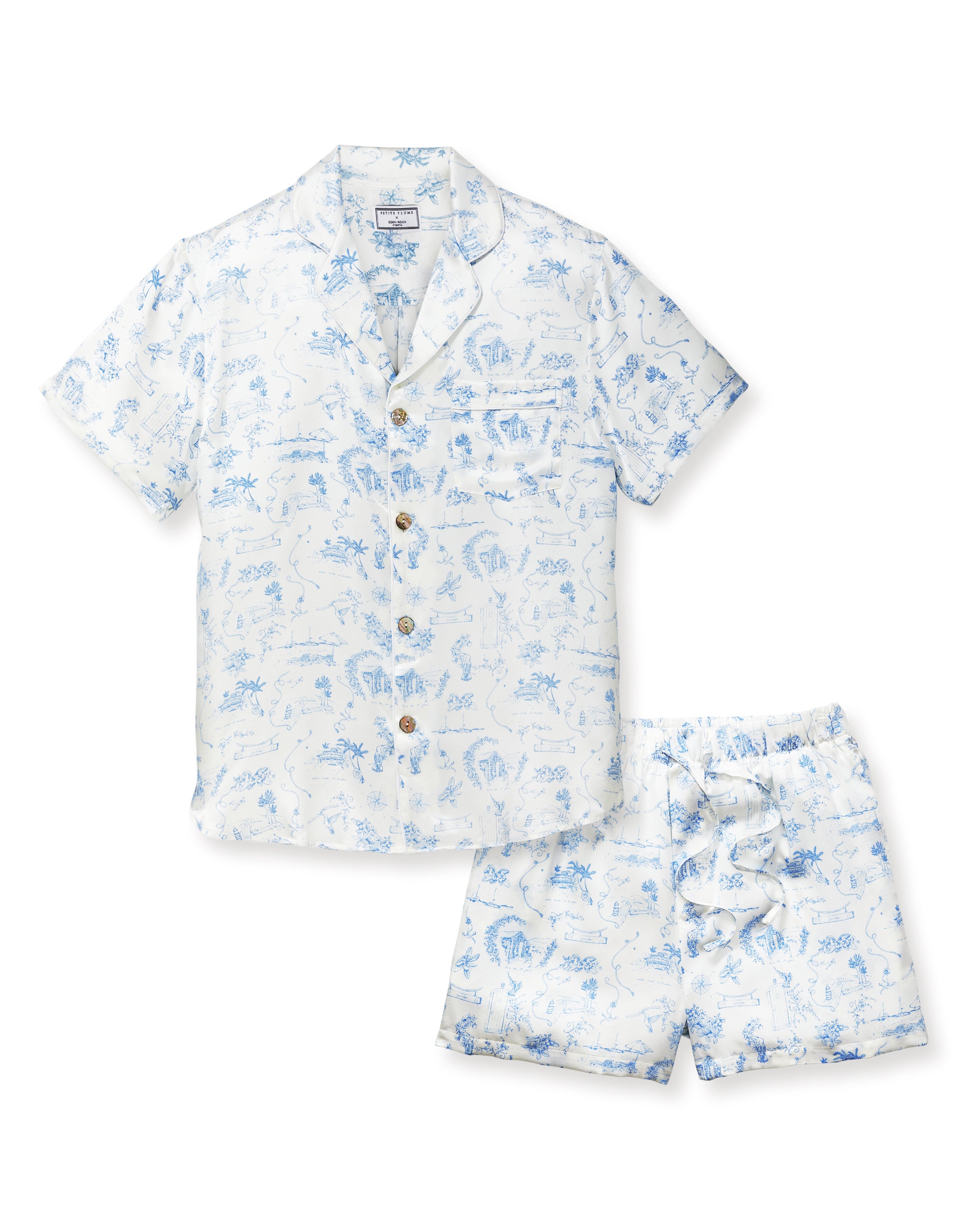 Petite Plume x Eden Rock Blue Reverie Men's Silk Short Set