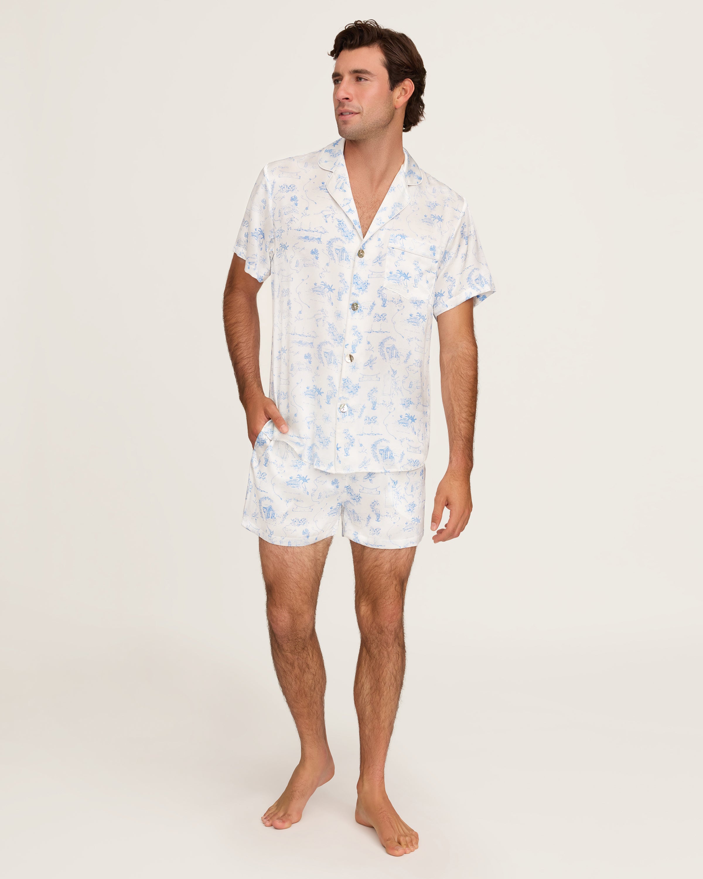 Petite Plume x Eden Rock Blue Reverie Men's Silk Short Set