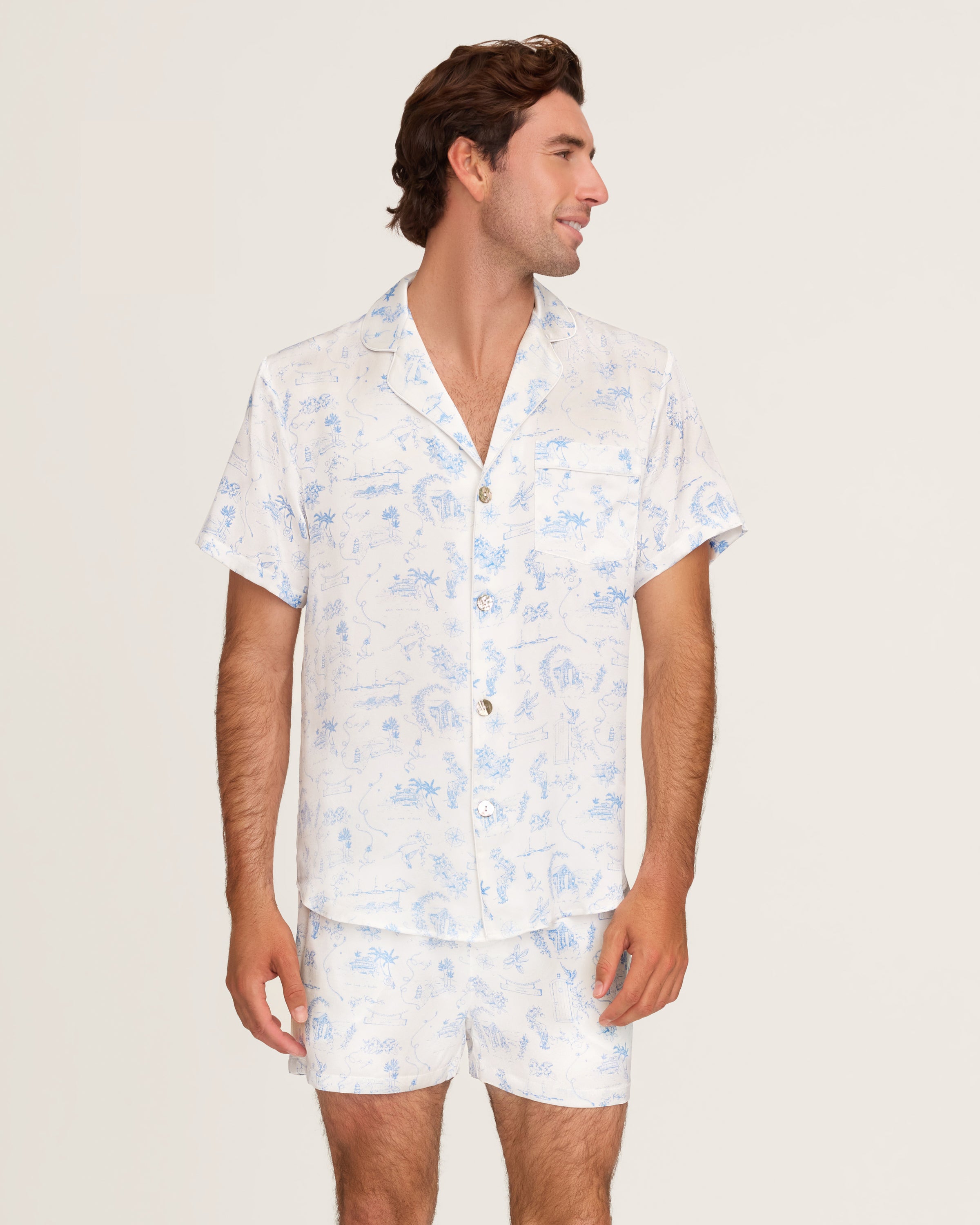 Petite Plume x Eden Rock Blue Reverie Men's Silk Short Set