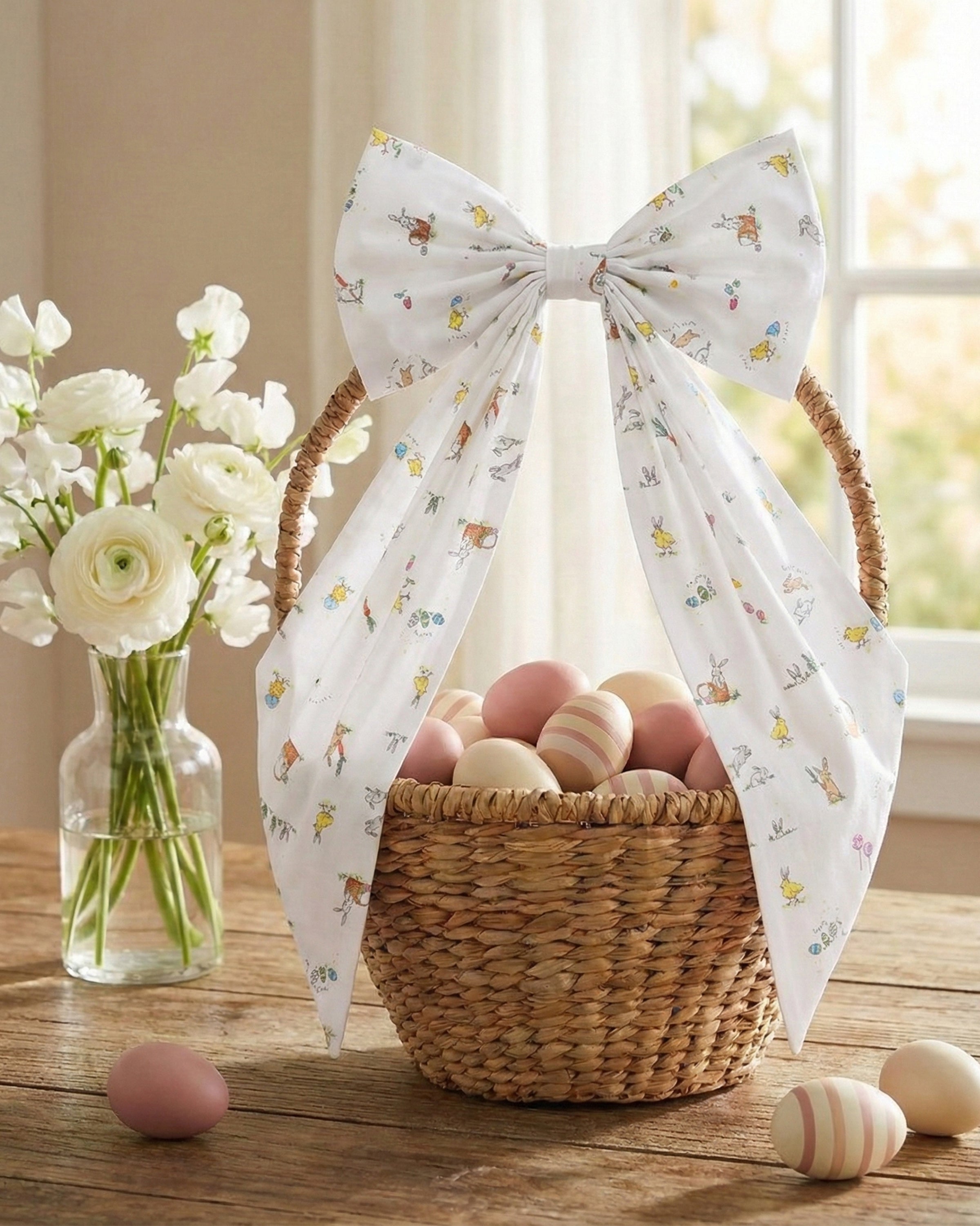 An Easter Basket and Wreath Bow in Easter Frolic with a large white bow featuring a pastel floral pattern is tied at the bottom of a wreath made of small white and pink flowers, hanging on a beige door.