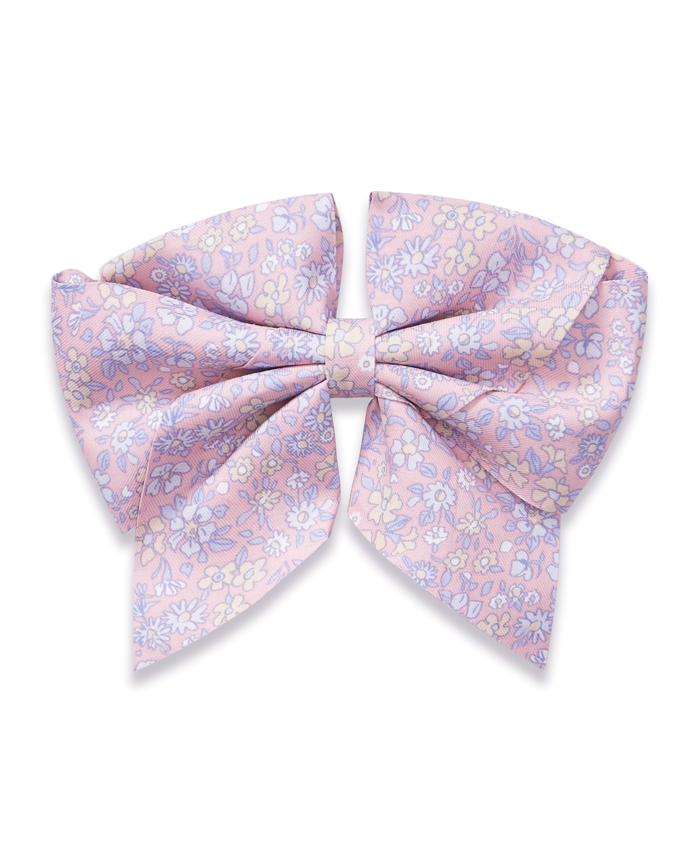 Two Girl's Twill Hair Bows in Fleur Blush, pink fabric bows with a floral pattern of white, yellow, and lavender flowers, displayed on a white background.