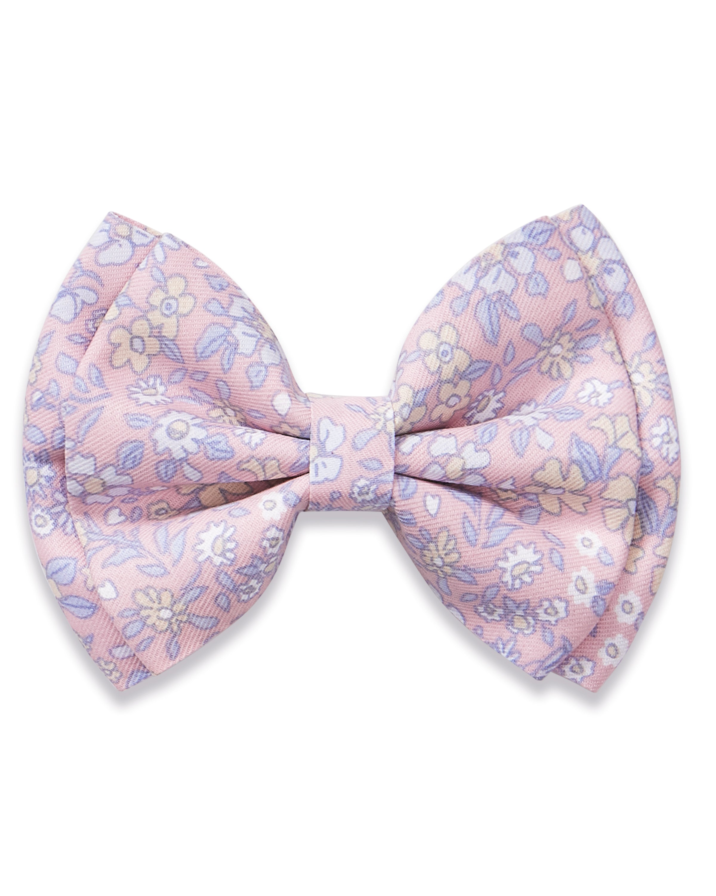 Two Girl's Twill Hair Bows in Fleur Blush, pink fabric bows with a floral pattern of white, yellow, and lavender flowers, displayed on a white background.