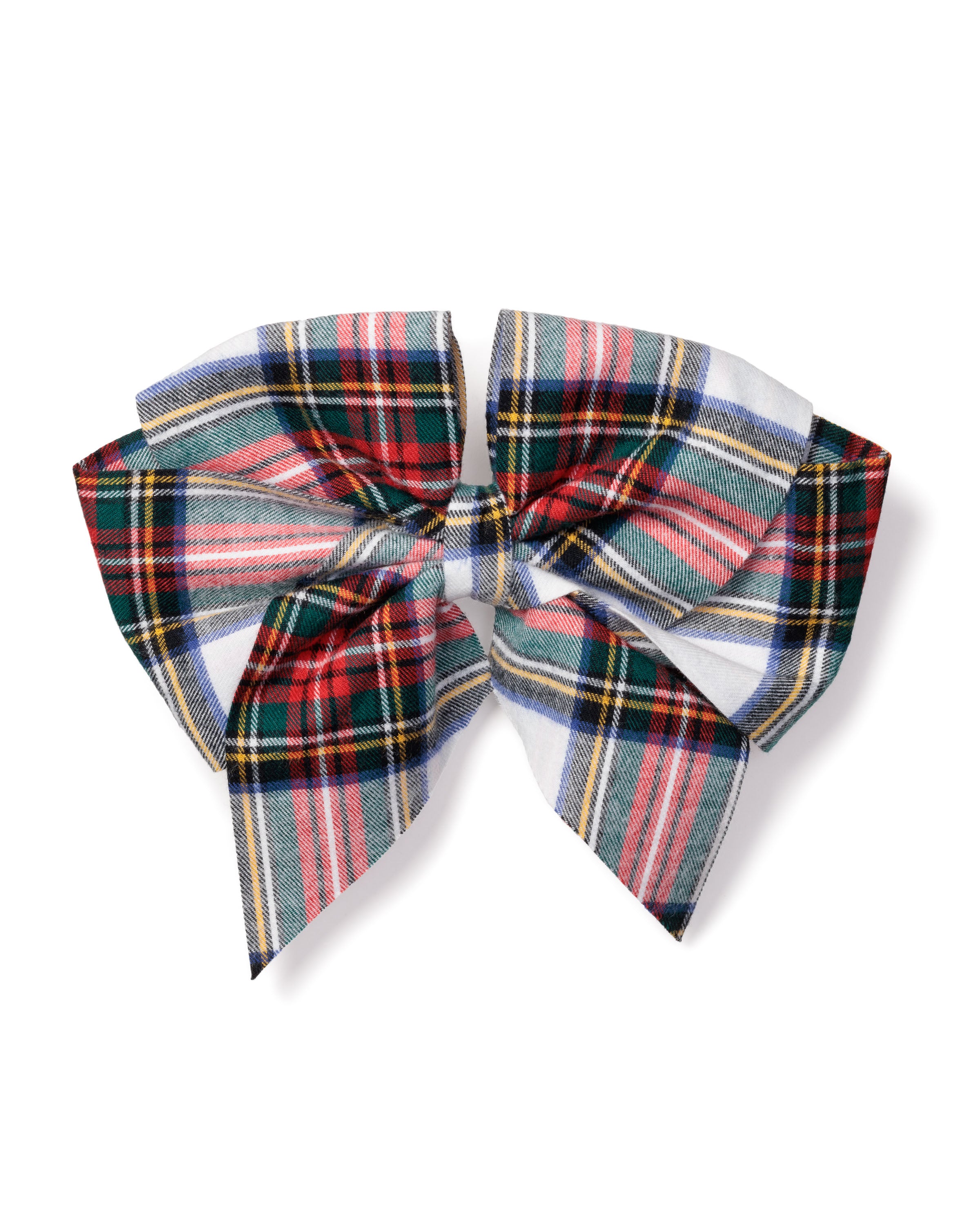 The Petite Plume Girls Hair Bow in Balmoral Tartan showcases red, green, blue, pink, and white stripes with neat loops and tails on a plain white background—an ideal holiday gift.