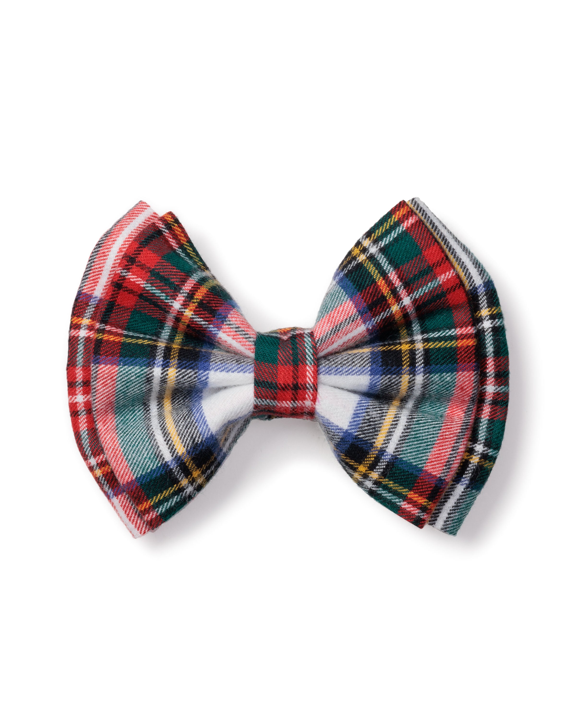 Petite Plumes Girls Hair Bows in Balmoral Tartan feature a classic plaid pattern with red, green, blue, yellow, and white hues. Perfect as a holiday gift, they offer formal elegance for any festive occasion.