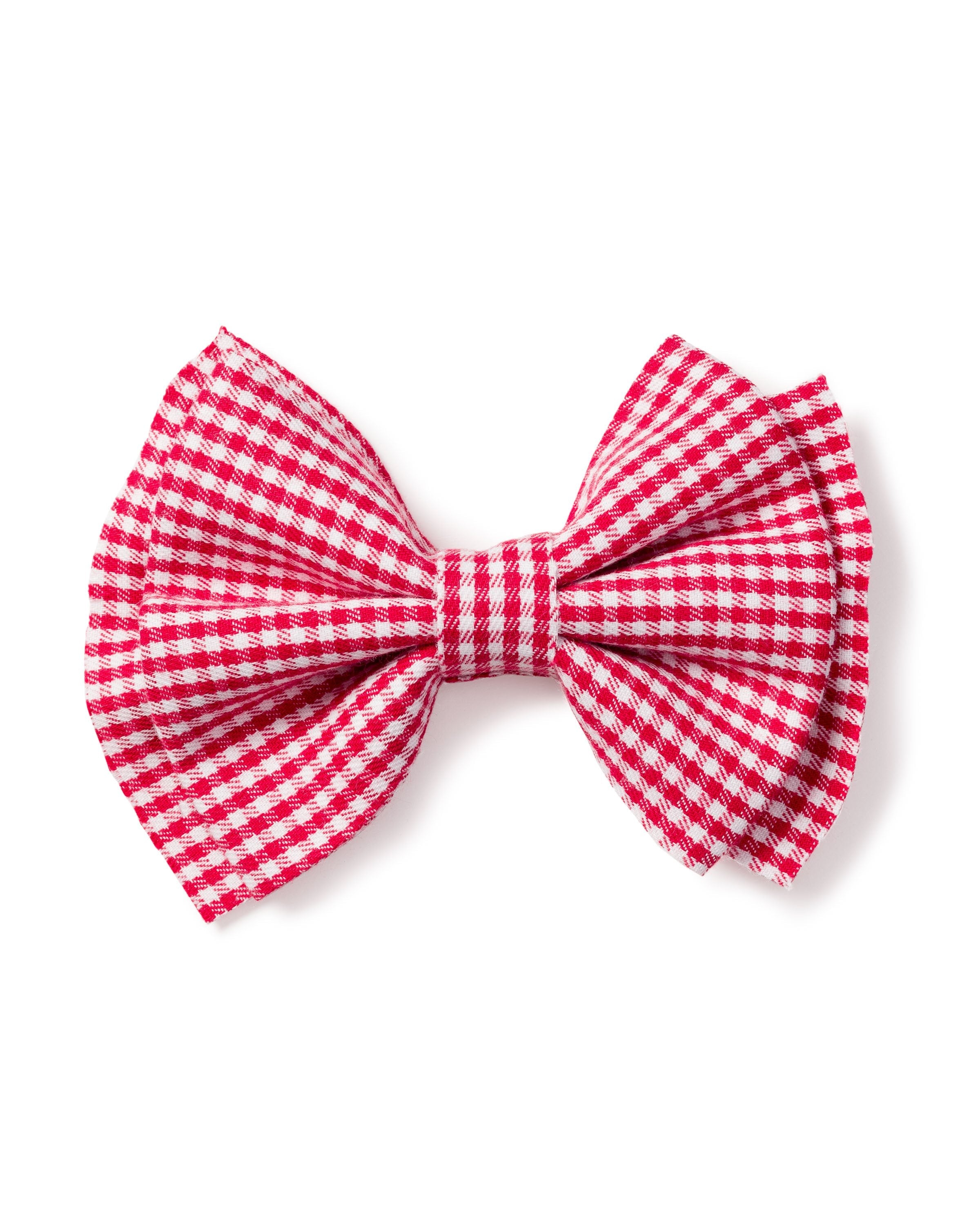 Petite Plumes Girls Hair Bows in Red Mini Gingham feature a classic red and white checkered pattern, ideal for matching pajamas, shown on a simple white background.