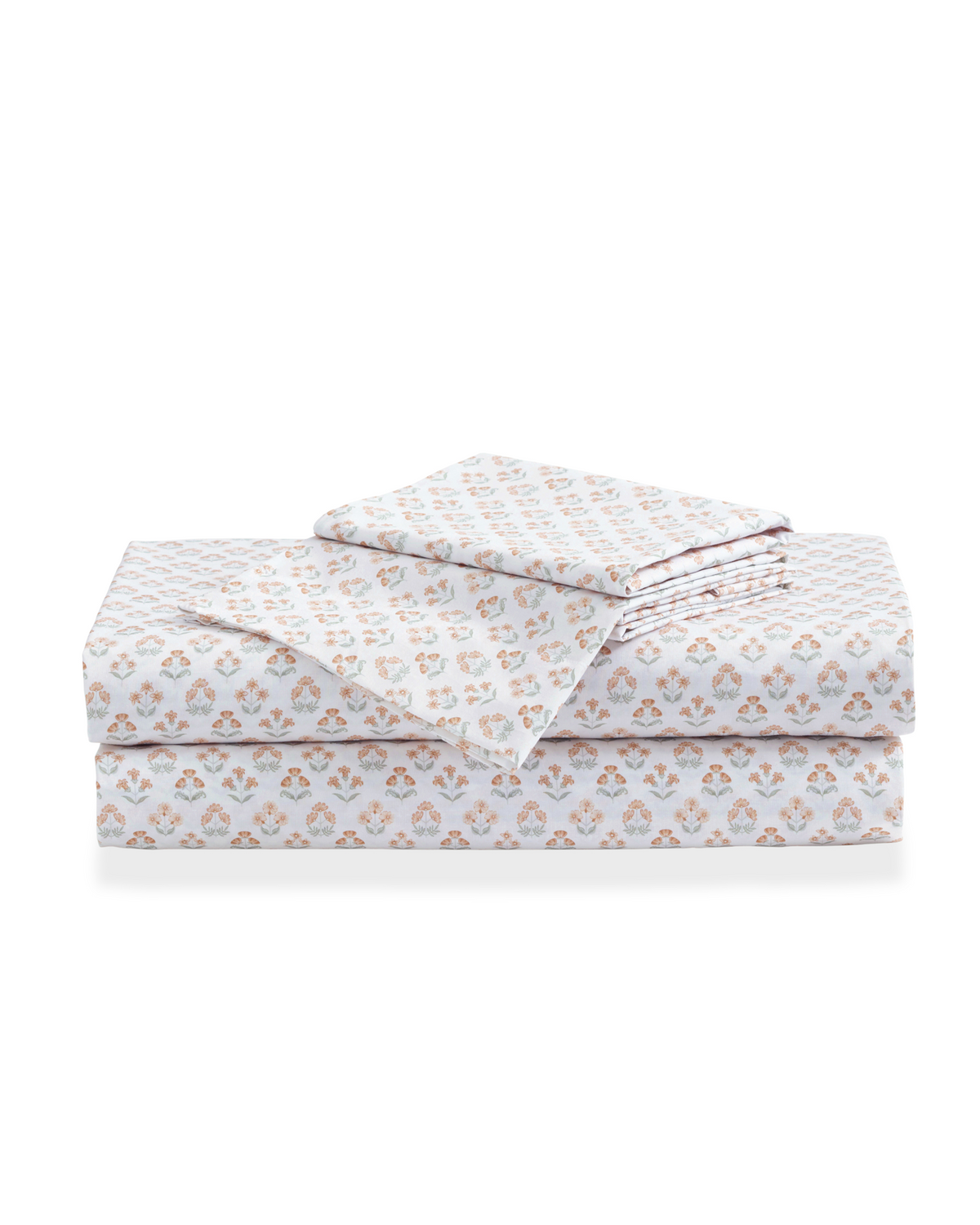 The Luxe Premium Percale Bed Sheets in Estate Garden, featuring a small, repeating peach and blue floral pattern, are folded neatly and displayed on a white background.