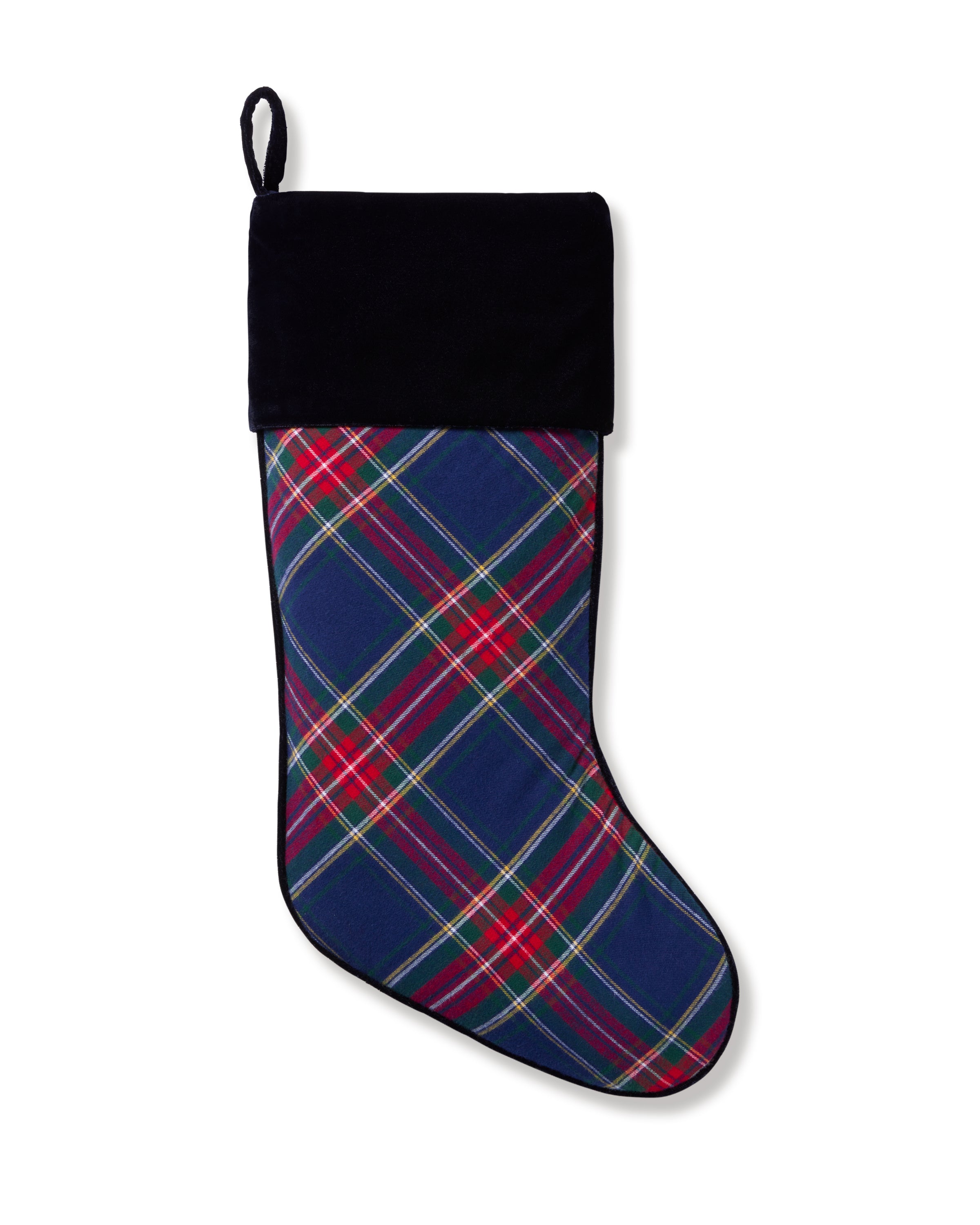 The Petite Plume Christmas Stocking in Windsor Tartan features a blue, green, and red plaid pattern with a black cuff and loop, perfect for monogramming to personalize your festive decor.