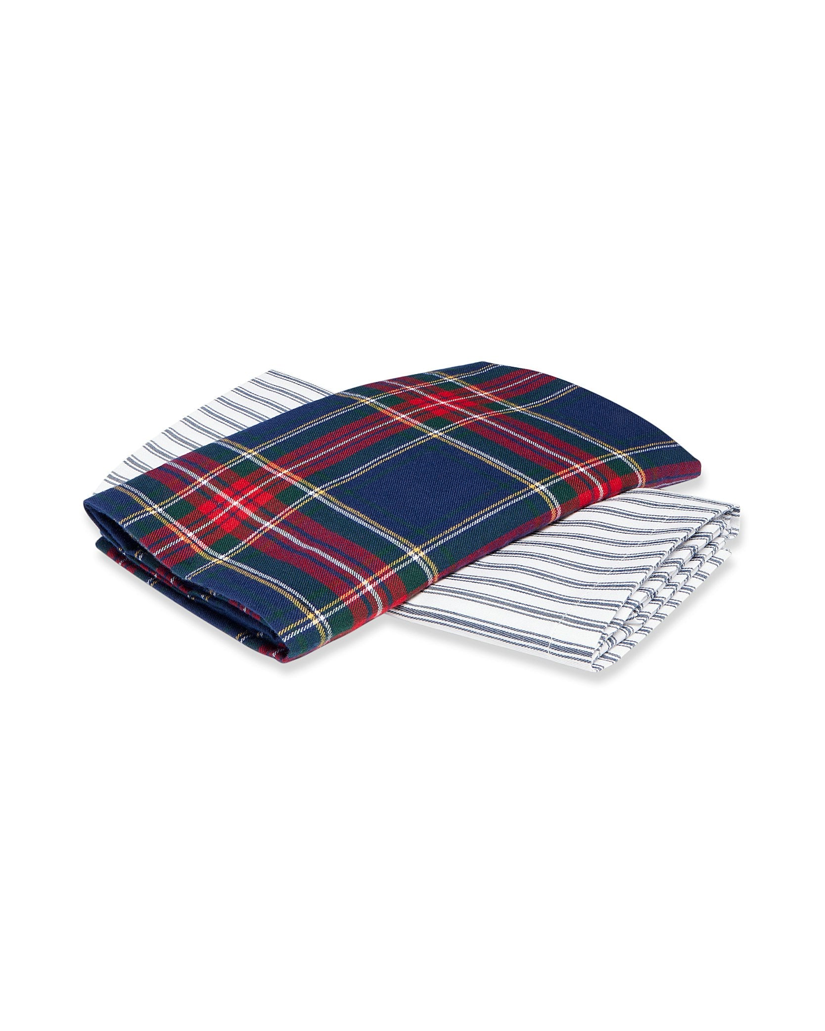 The Signature Twill Tea Towel Set by Petite Plume includes a Windsor Tartan design in red and green on dark blue, paired with a Navy French Ticking featuring light blue and white stripes.
