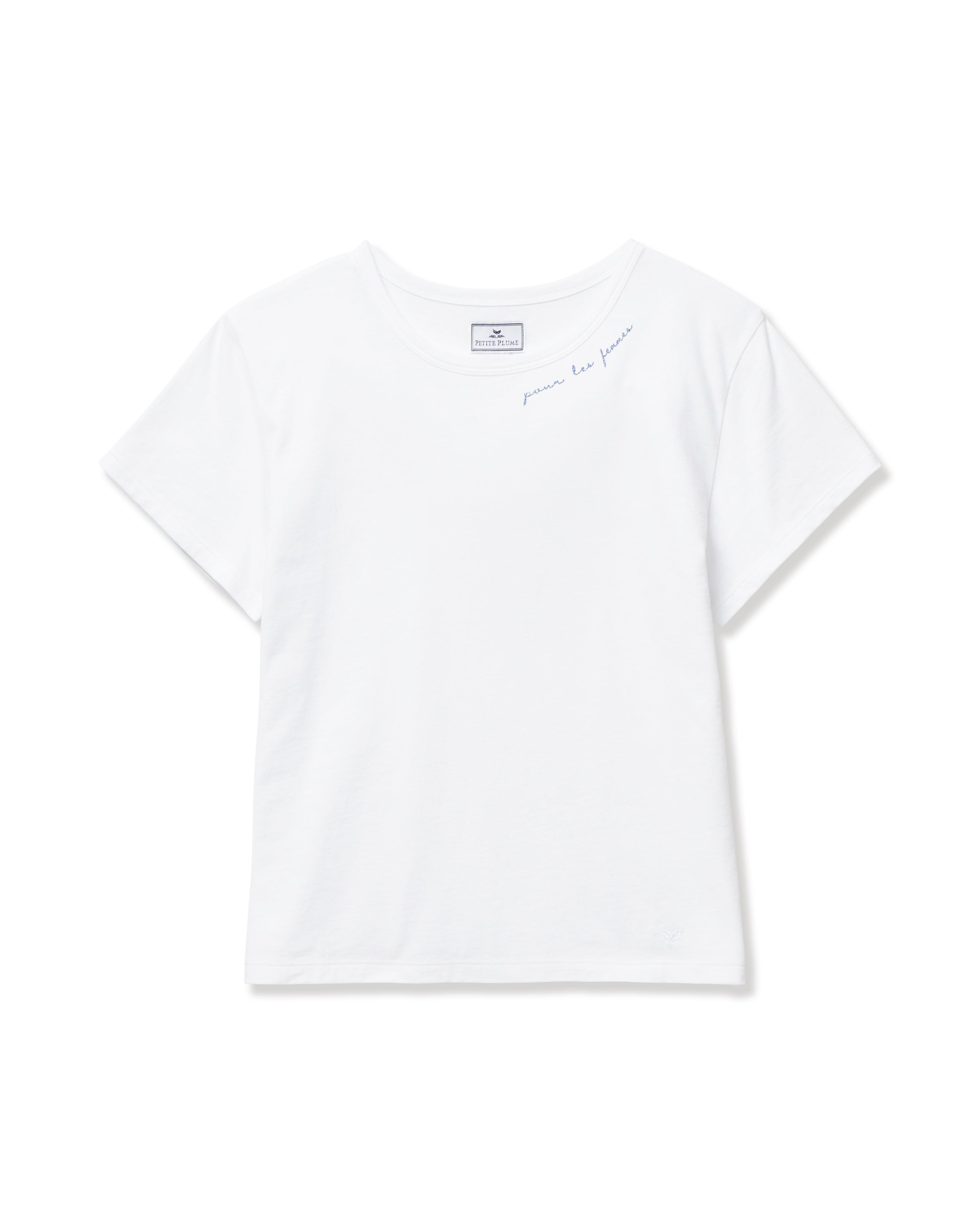 Close-up of a woman wearing the Women's Pima Essential Crew Neck Tee with "Pour Les Femmes" embroidered in blue cursive near the collar. Only her lower face, neck, and upper chest are shown.