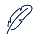 A simple, dark blue outline of a feather on a light gray background.