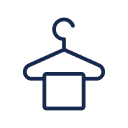 A simple, dark blue line drawing of a clothes hanger with a towel draped over the lower bar, set against a light gray background.