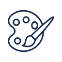 Simple line drawing of an artist’s palette with five paint wells and a paintbrush resting across it, on a light background.