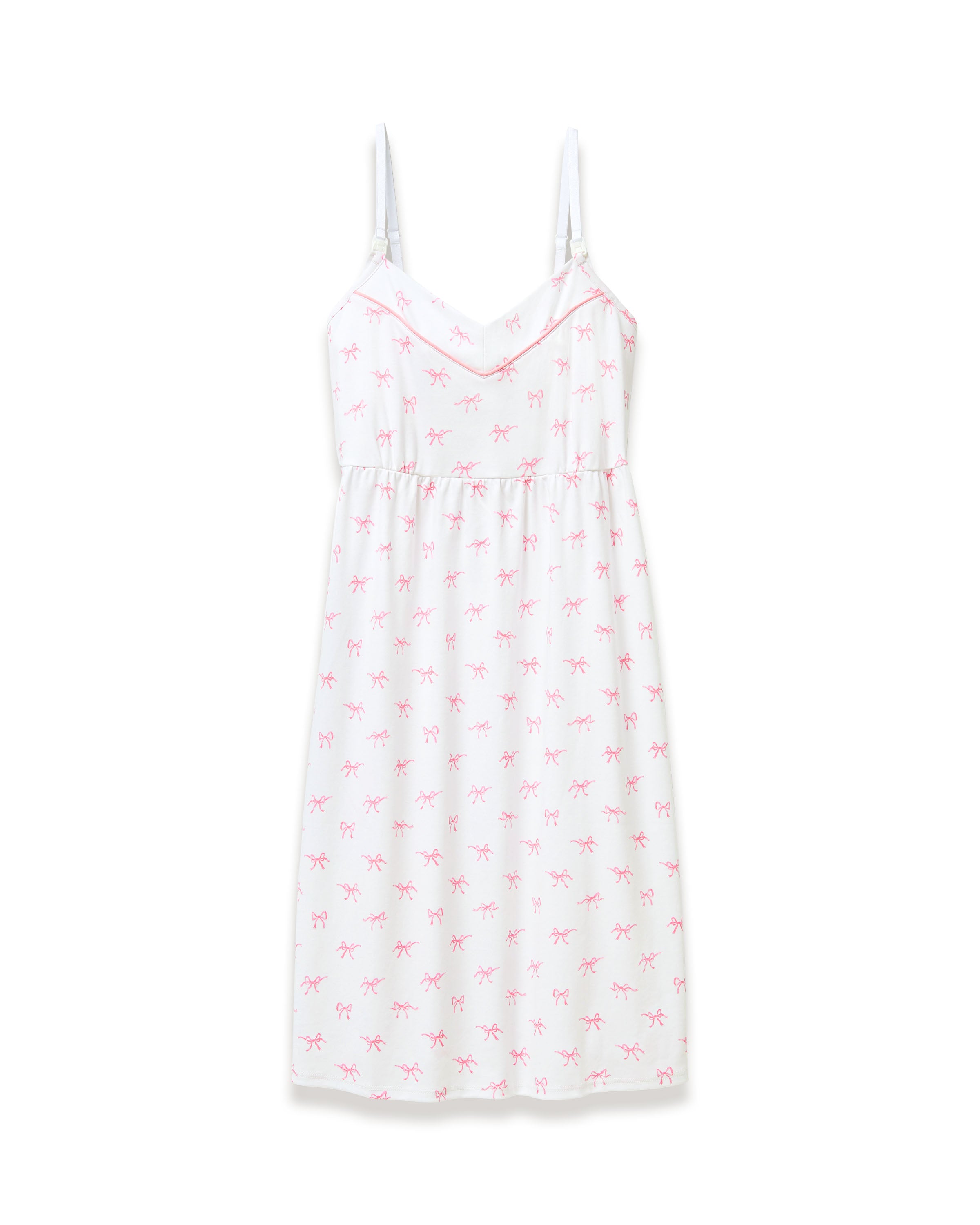 The Women's Pima Maternity Nightgown in Blushing Bows is a white sleeveless spaghetti strap dress with a fitted bust, slightly flared skirt, and an all-over print of small pink bows.