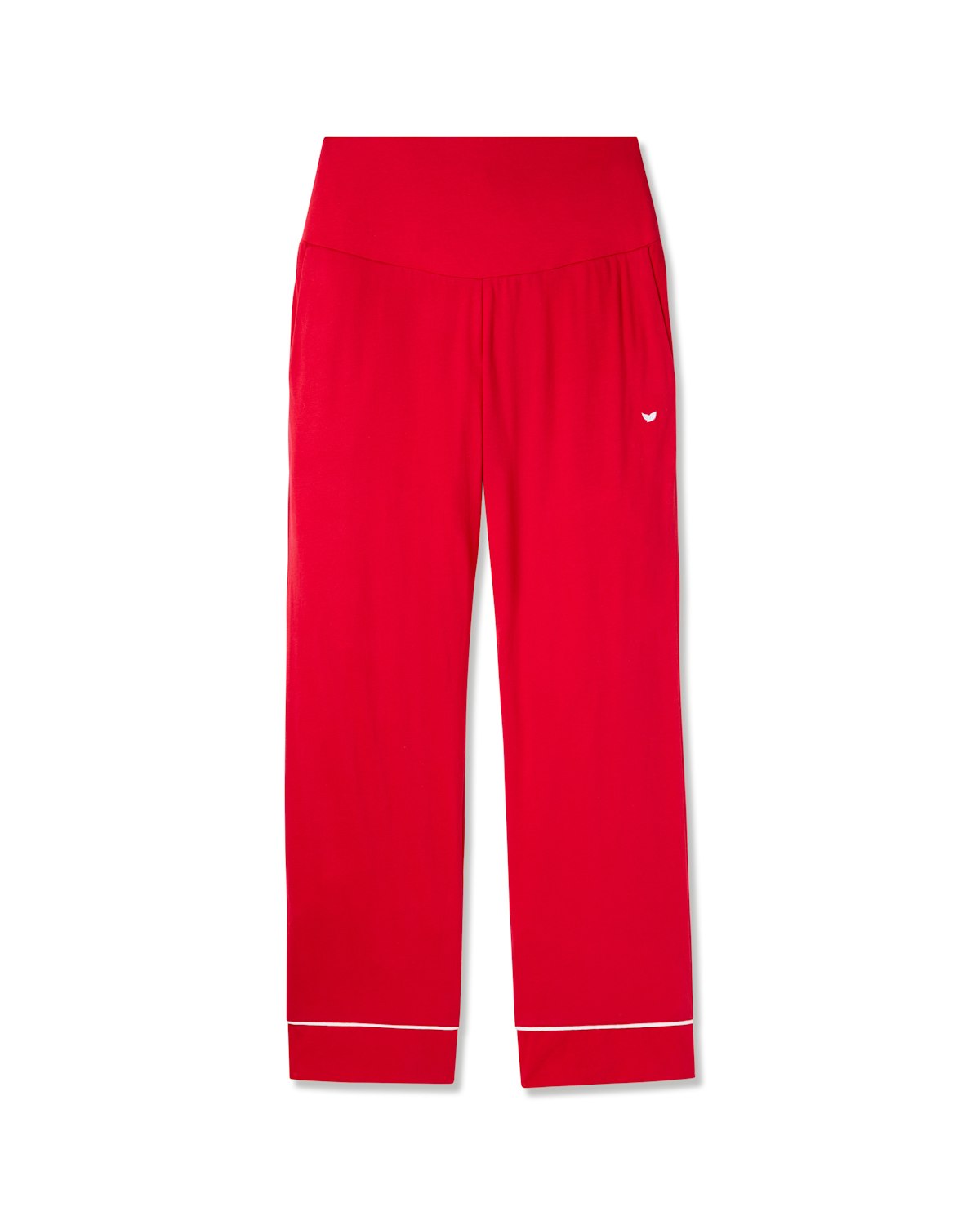 Petite Plumes Womens Pima Maternity Pants in Red are bright, wide-legged pants featuring a comfy elastic waistband. Made from luxurious pima cotton, they have an embroidered logo near the left pocket and a white stripe at the bottom hem, providing over-the-belly support for ultimate comfort.