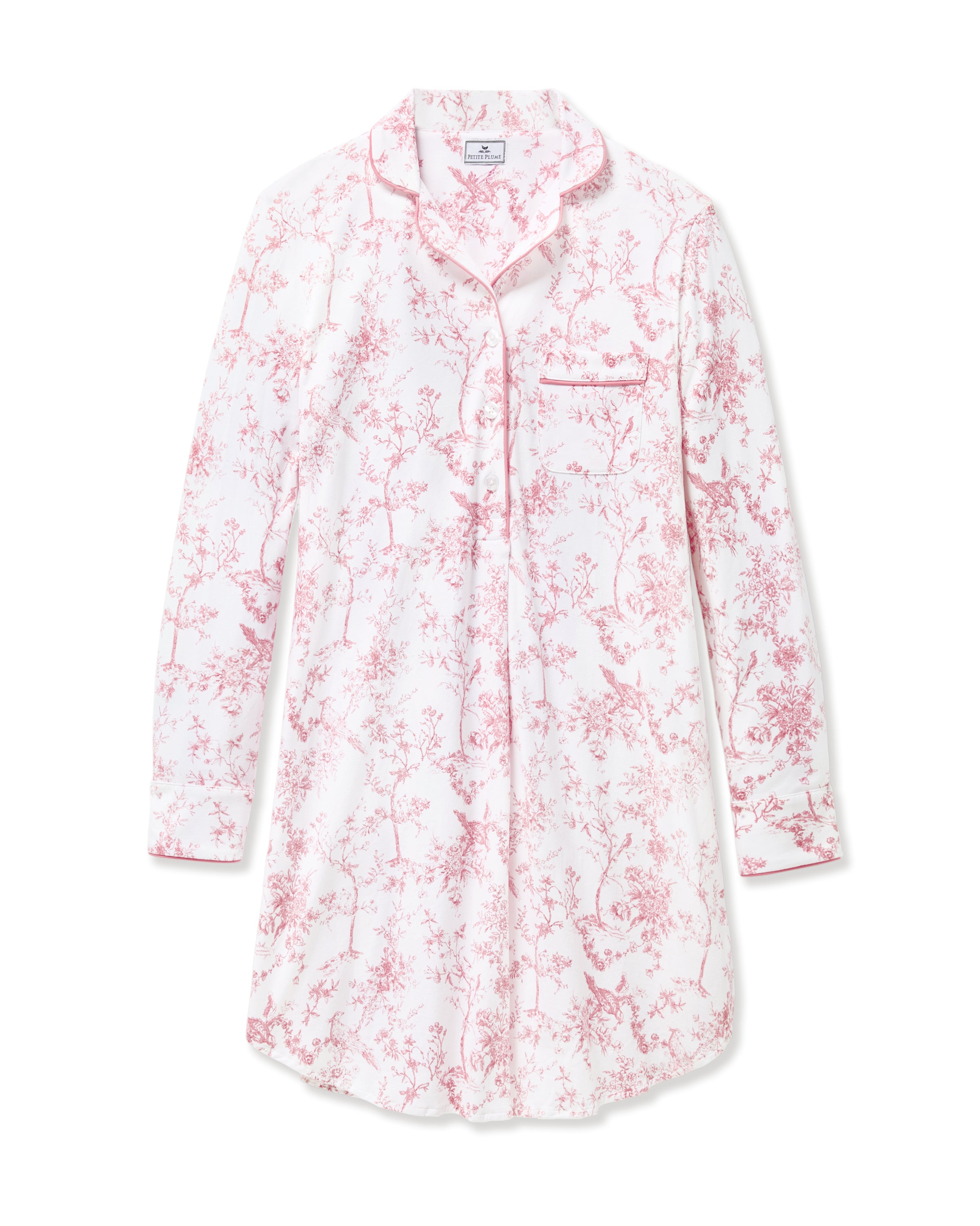 The Women's Pima Maternity Nightshirt in Pink Timeless Toile features long sleeves, a button-up front, a chest pocket, and a relaxed fit with a pink floral toile pattern on white.