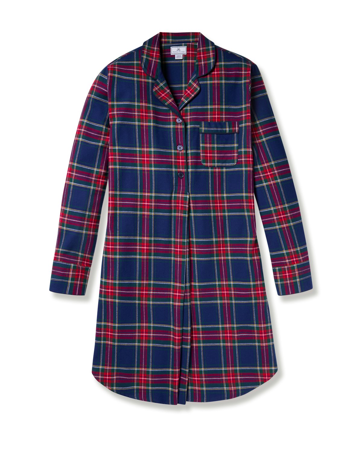 Petite Plumes Womens Brushed Cotton Maternity Nightshirt in Windsor Tartan is a long-sleeve, knee-length piece with a blue, red, and green plaid pattern. It has a button-up front and left chest pocket, offering luxurious comfort and timeless style.