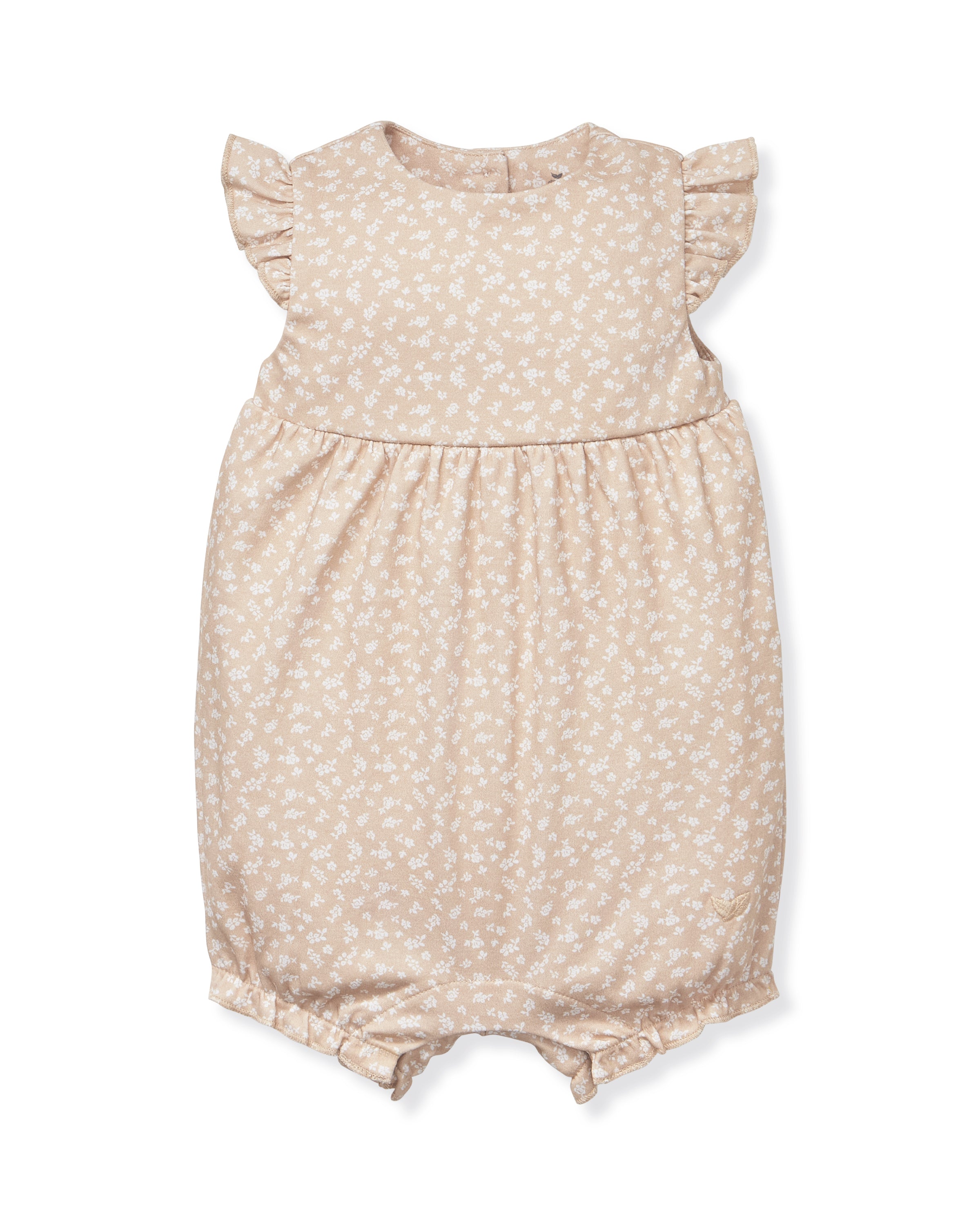 The Baby's Pima Isla Play Romper in Ditsy Waltz Camel features a beige base with white florals, short ruffled sleeves, gathered waist, and elastic leg openings. Made from soft, lightweight fabric—ideal for warm weather—it's shown laid flat on a white background.