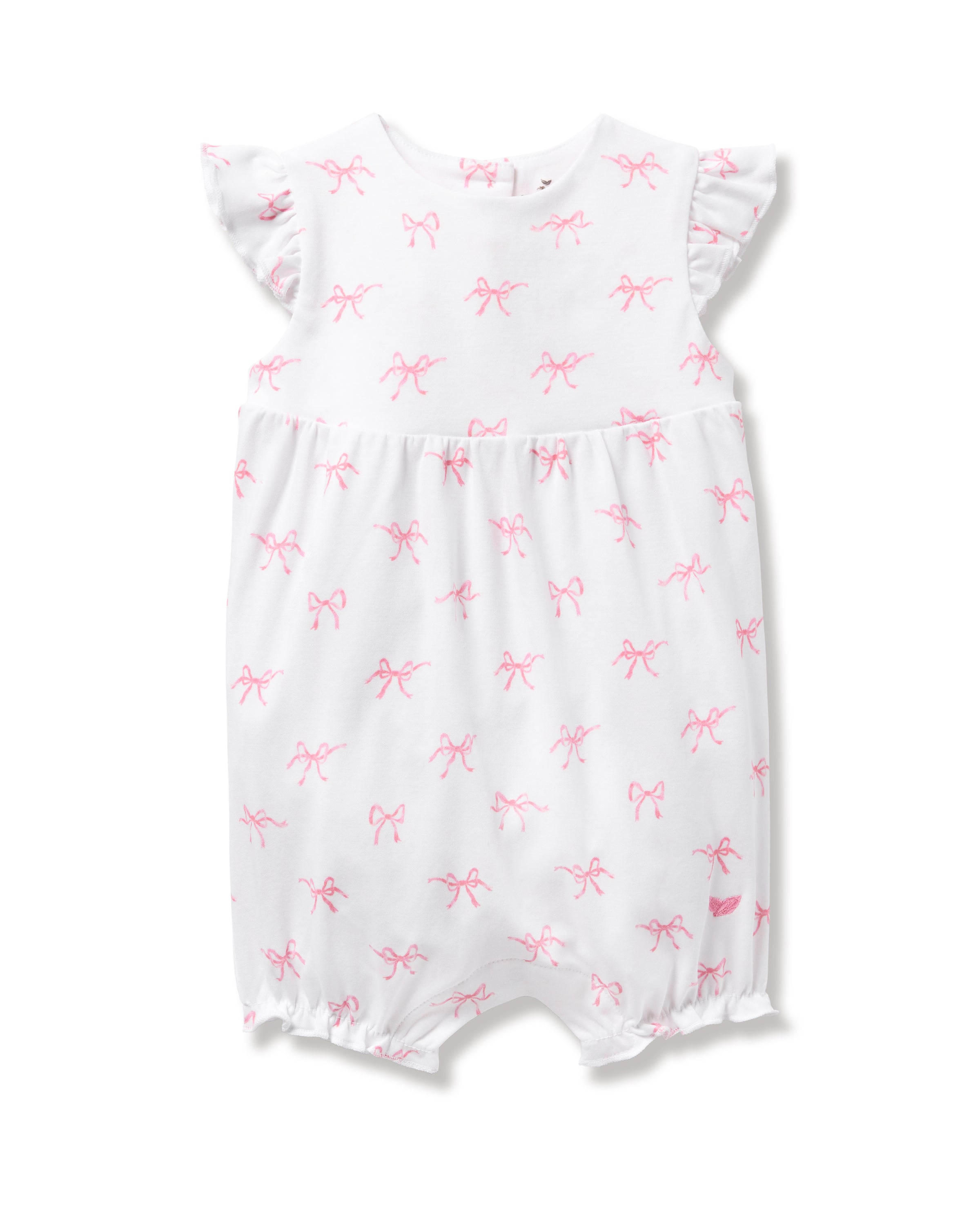 Discover the Petite Plume Babys Pima Isla Play Romper in Blushing Bows. Made from 100% Pima cotton, this white romper features charming pink bow patterns, ruffled short sleeves, and elasticized leg openings for comfort and style.